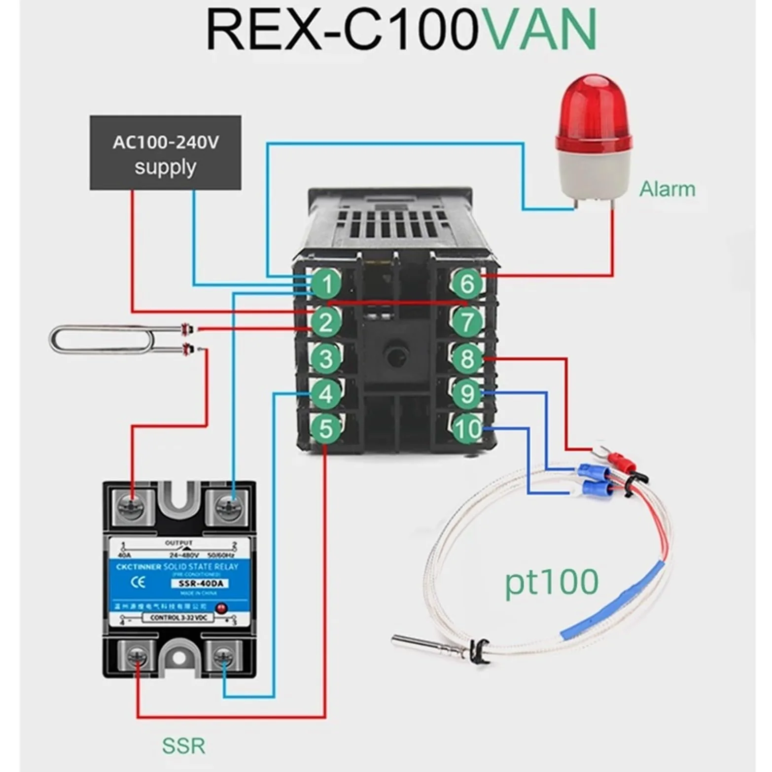1 Uds REX-C100 controlador de temperatura PID AC110V-240V con SSR-40DA PT100 termopar disipador de calor relé de entrada o salida SSR(C100-V-AN PT100 SET2)