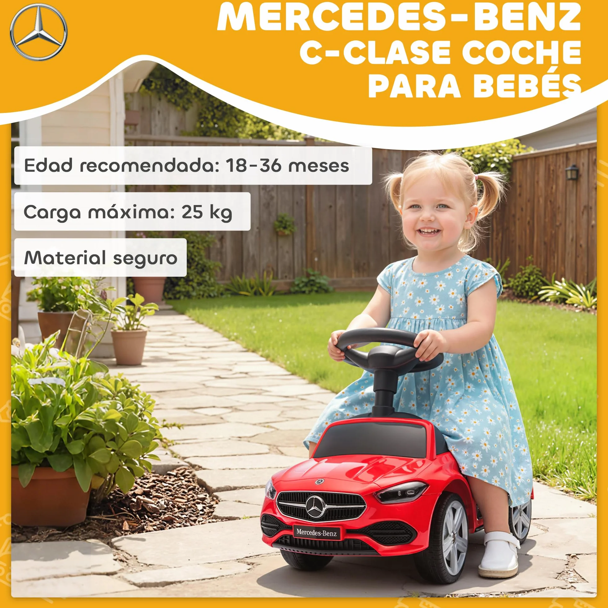 Mercedes-Benz Clase C Coche Correpasillos para Niños 18-36 Meses con Bocina Volante Sonidos Motor 65x28x39 cm Rojo