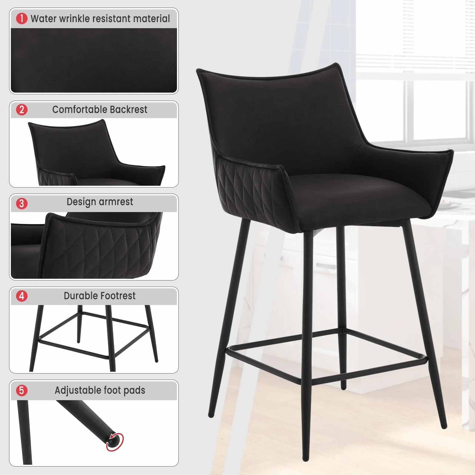 WOLTU Juego de 4 Taburetes Altos de Cocina con Respaldo y Reposapiés, Asiento PU, para Comedor y Cocina, Antracita