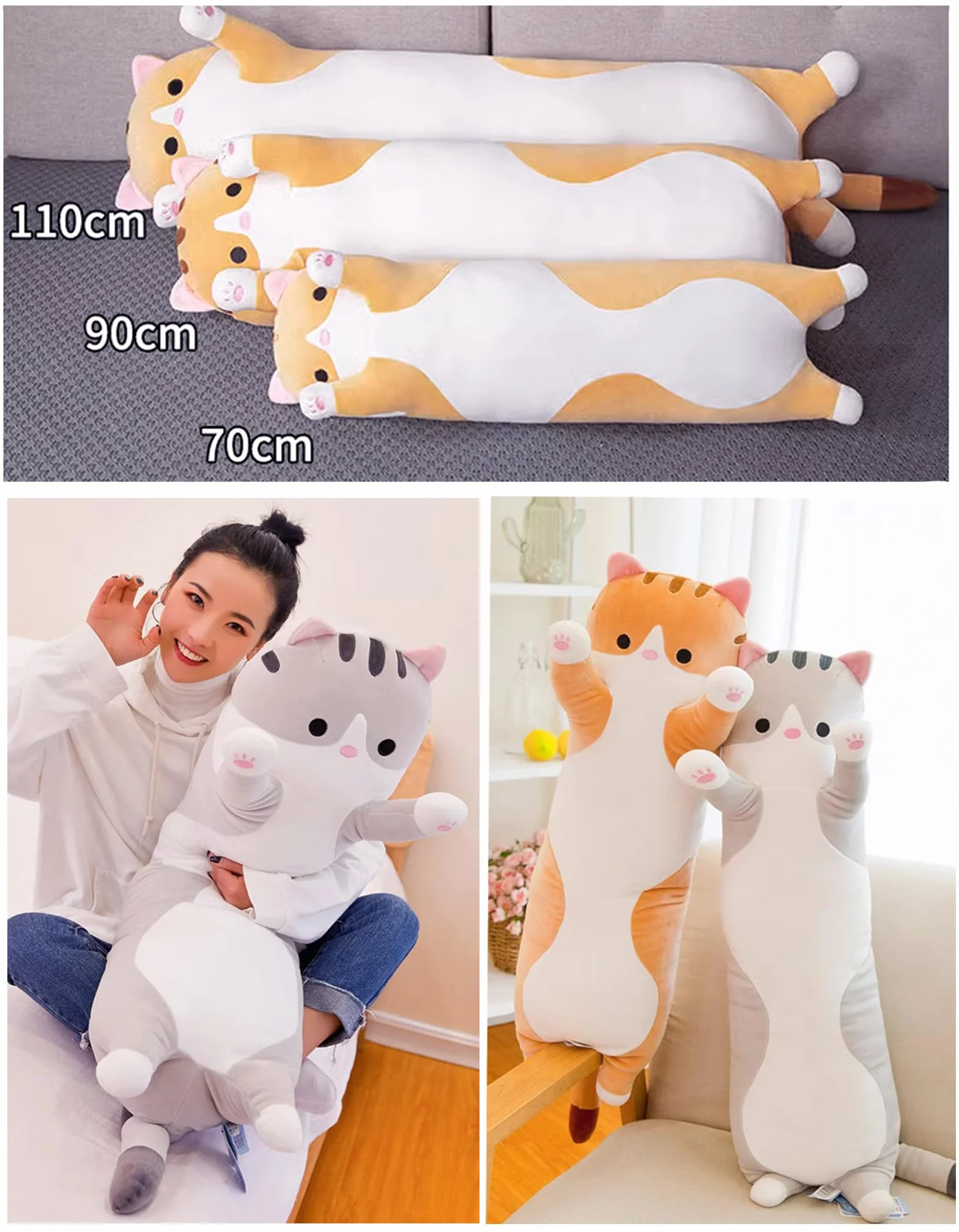 Almohada Gato Largo de Peluche Suave Gigante 70cm Gris