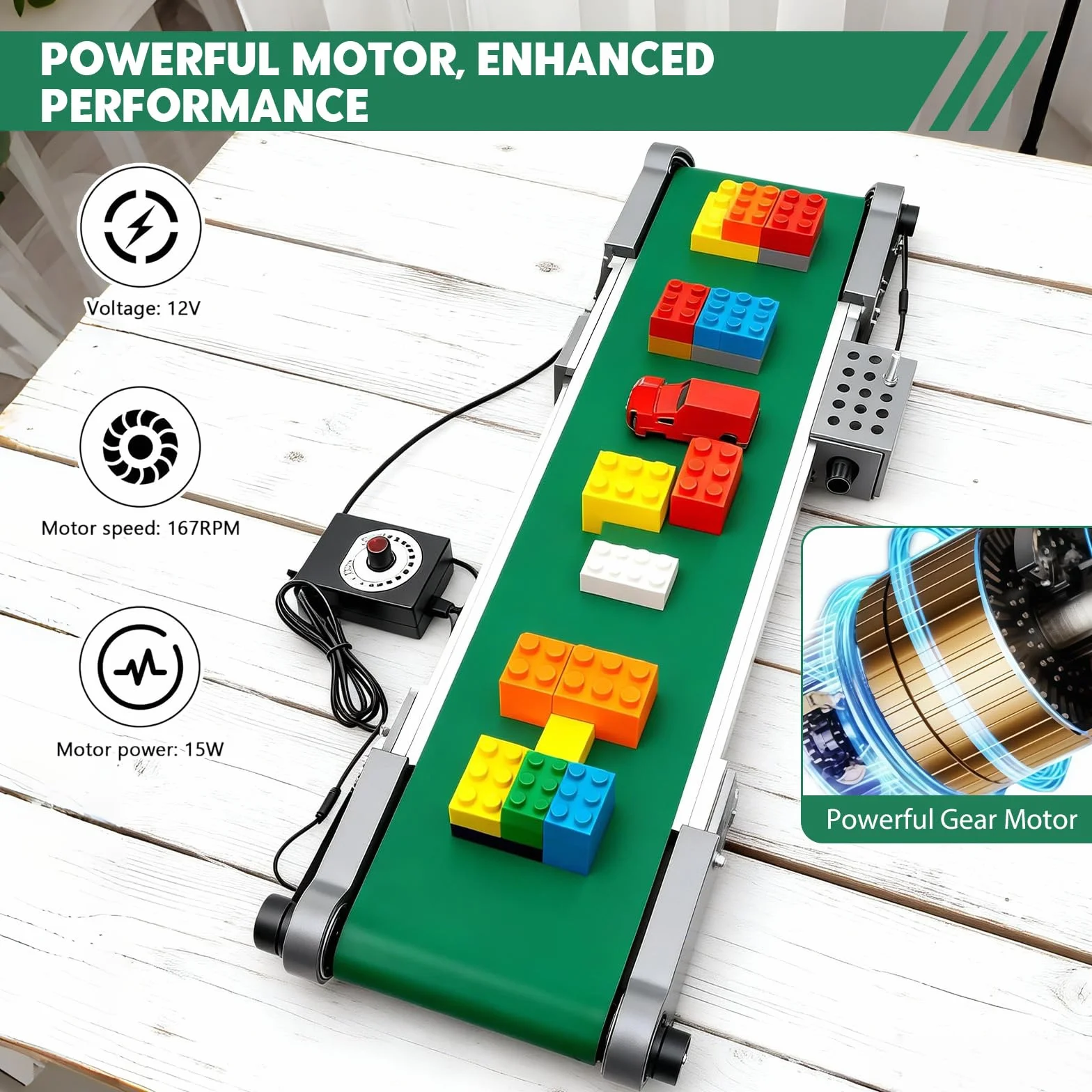 Cinta transportadora eléctrica de escritorio con interruptor de avance/retroceso CC 12 V 167 rpm Mini cinta transportadora automática para experimentos de fricción, velocidad de la cinta 1,8-7,6 cm/S