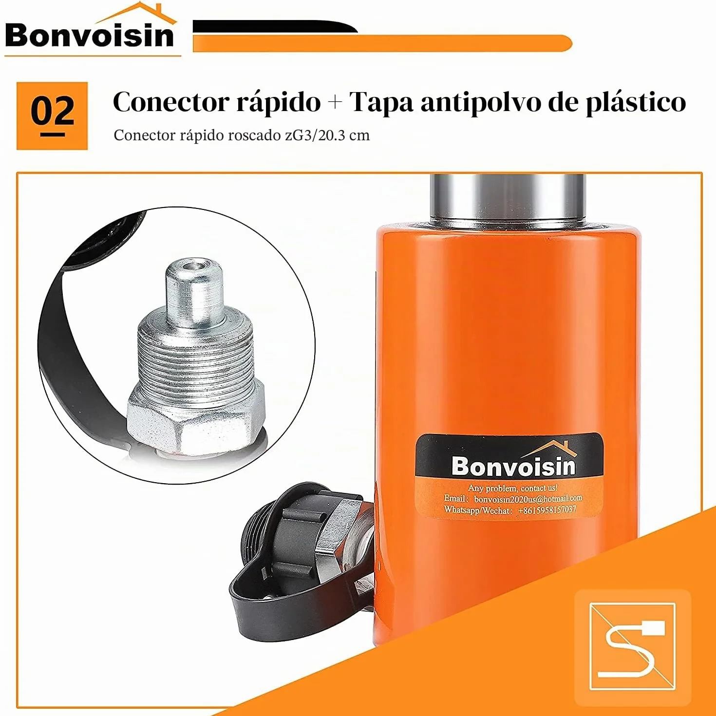 Bonvoisin 10T Gato Hidráulico, Elevación 50mm, Altura Propia 104mm, para Ingeniería Mecánica, Edificios y Puentes (RSC-10T+CP-180)