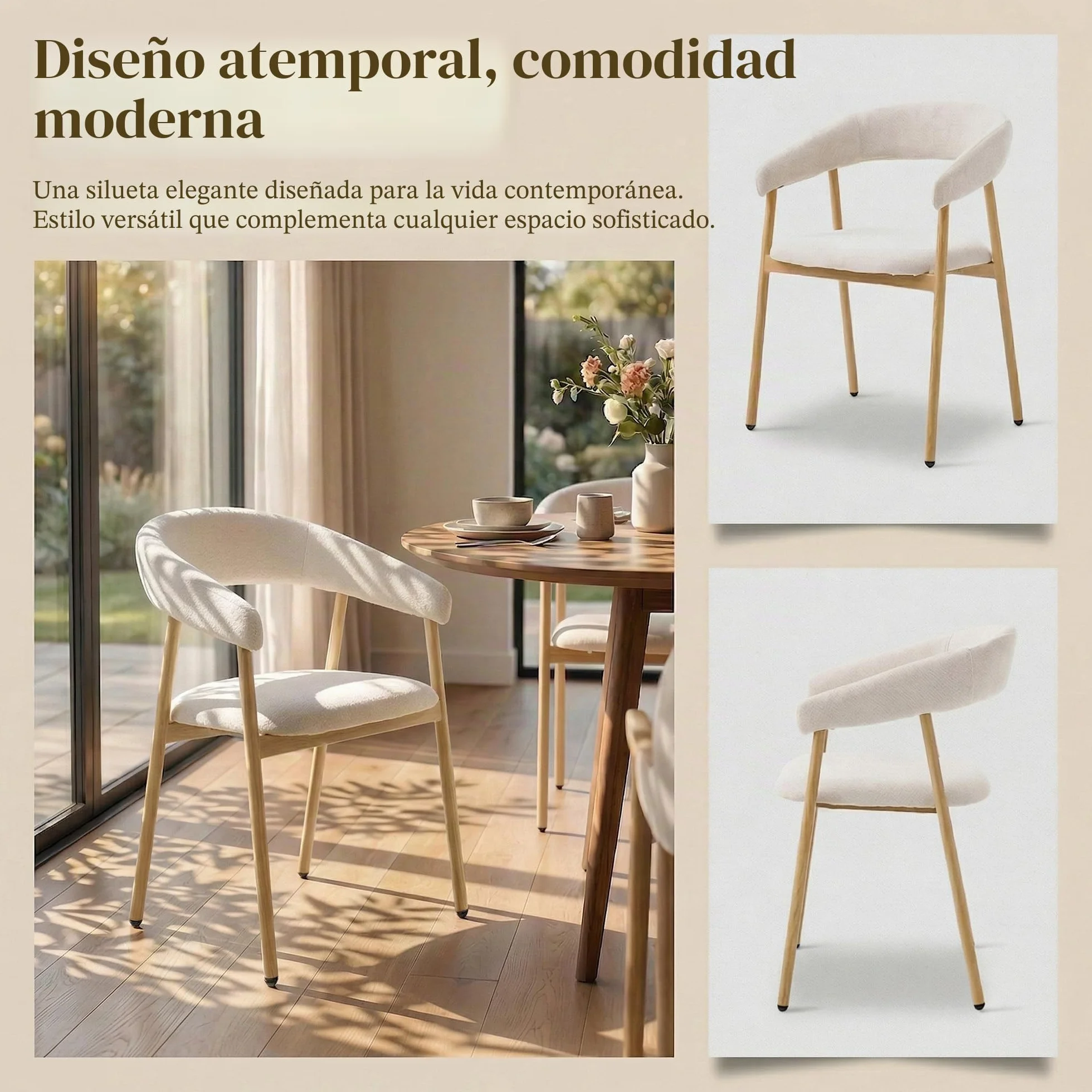 Juego de 4 sillas de Comedor Modernas ergonómicas de felpilla tapizadas con reposabrazos y Respaldo Curvado, Patas de Metal con Grano de Madera, Color Beige