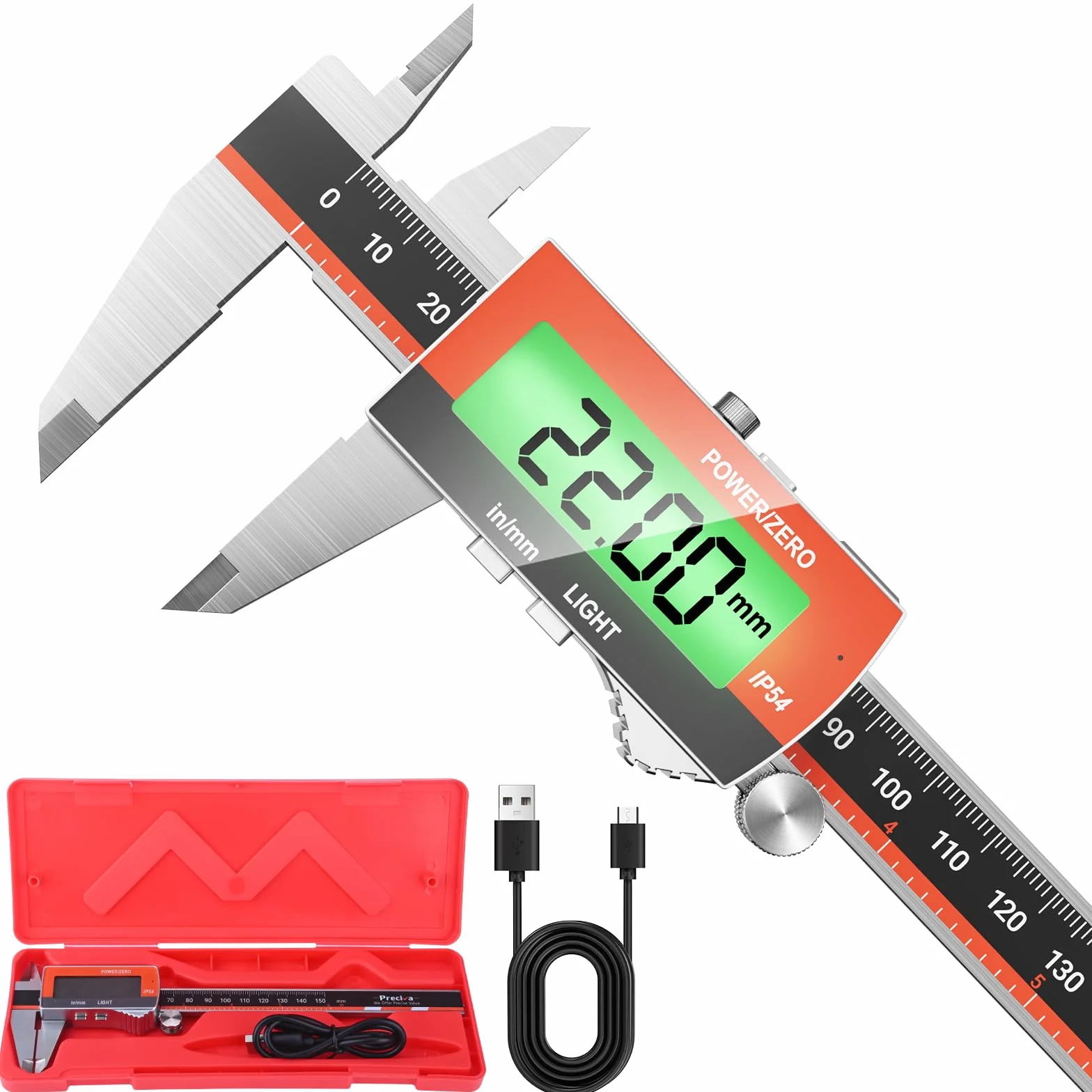 Preciva Calibre Digital Recargable Pie de Rey Electrónico Pantalla LCD Retroiluminada Acero Inoxidable Micrómetro Preciso USB