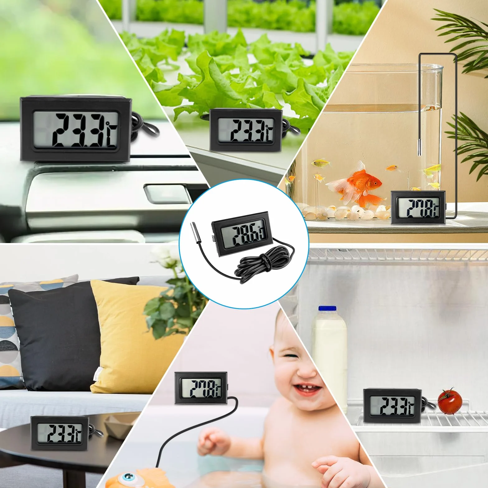 Termómetro Acuario Digital LCD Negro con Sonda Externa Impermeable para Refrigerador Congelador