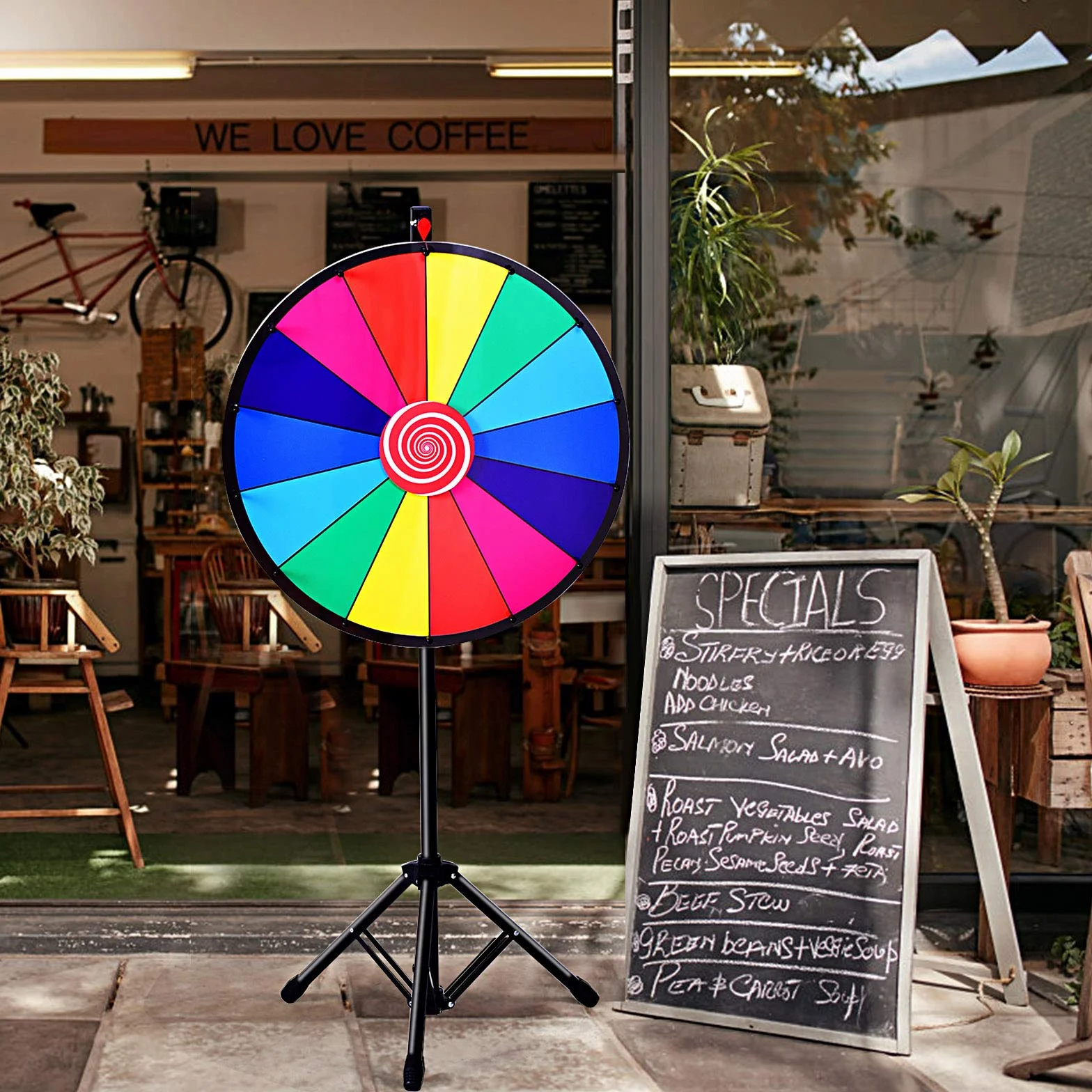RELAX4LIFE Ruleta de la Suerte 60 cm 14 Ranuras Altura Ajustable 111-167 cm Rueda de la Fortuna con Soporte de Metal Desmontable