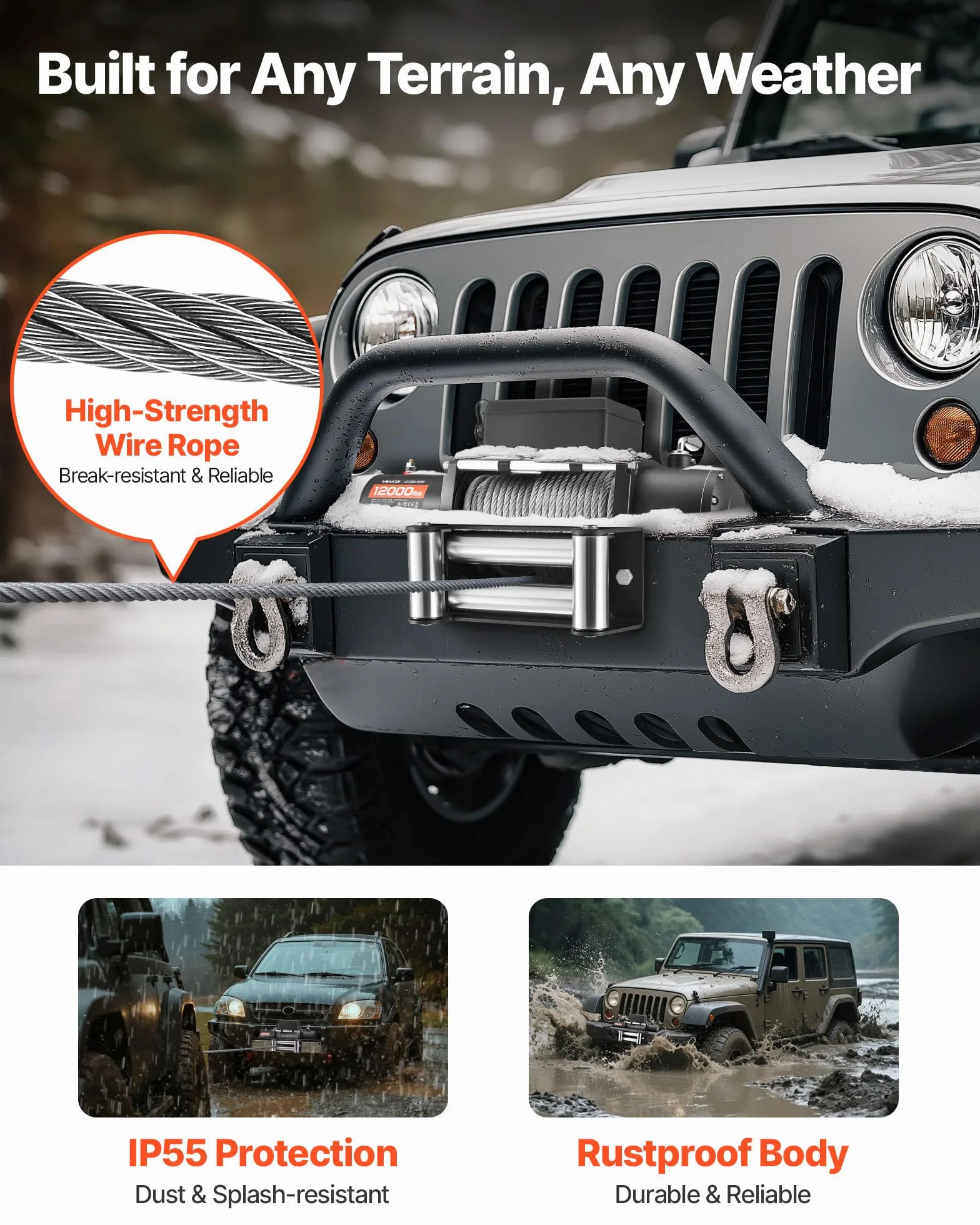 VEVOR Cabrestante Eléctrico, Fuerza Tracción Nominal 5400 kg, 12 V CC, Cable de Acero 24 m, Control Remoto Inalámbrico, IP55, para Remolcar SUV, Jeep, Remolques, Barcos y SUV, 534 x 160 x 215 mm