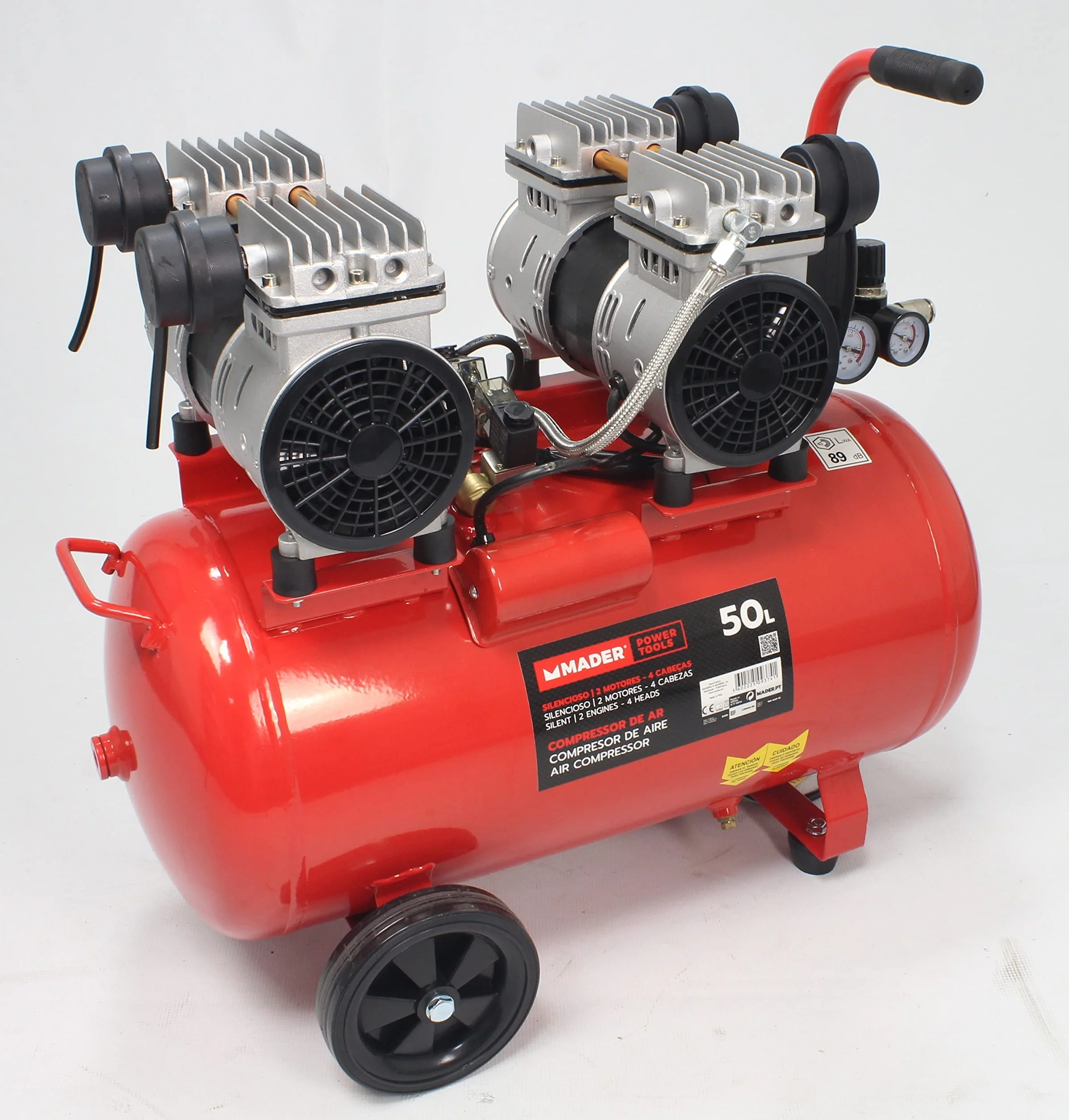 MADER POWER TOOLS Compresor de Aire Monobloco, 50L, 4HP, 4 Cabezas, 2 Motores, 09374
