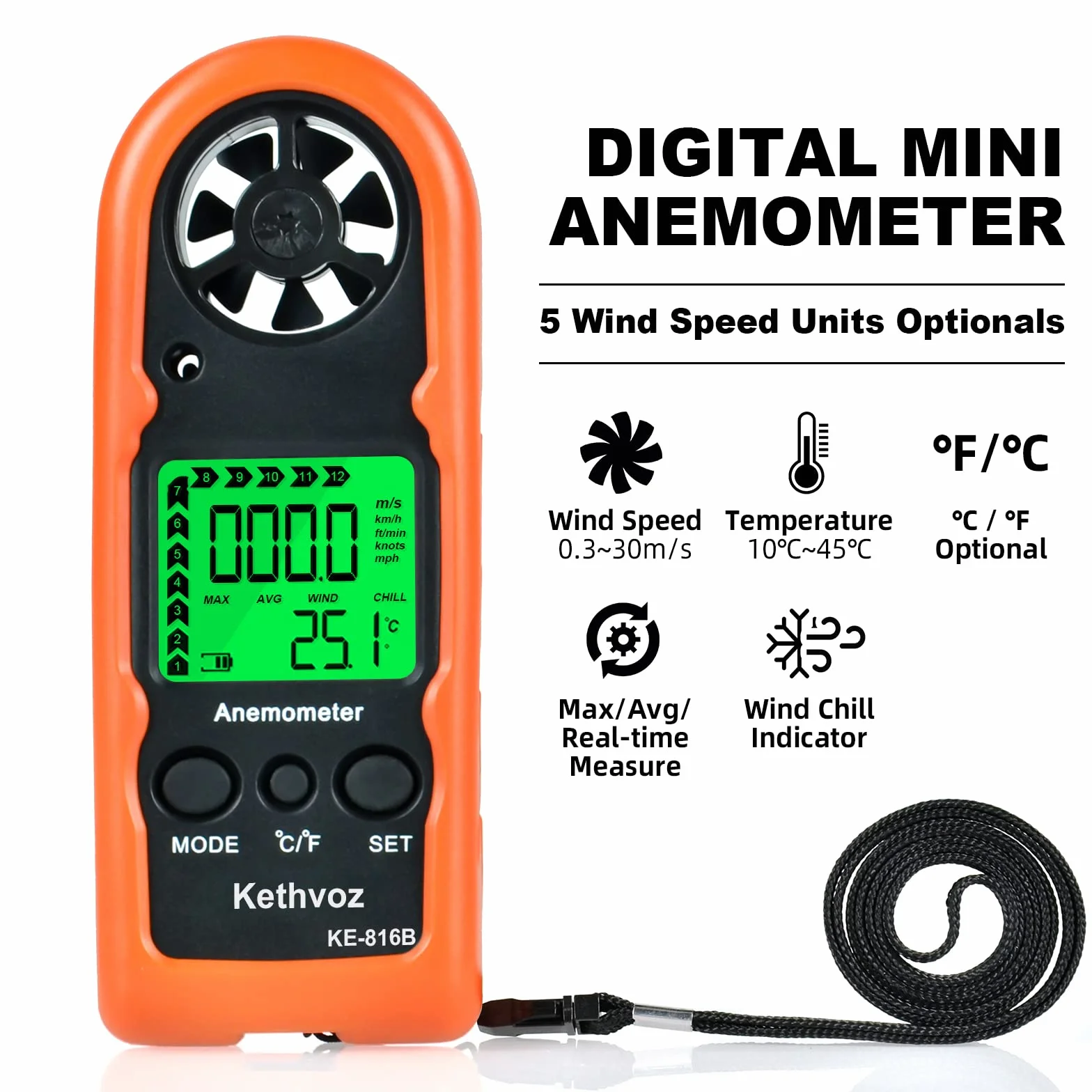 Kethvoz Anemómetro Medidor de Velocidad de Viento de Mano 816B Probador de Viento Mini para Barco Windsurf Vela Dron