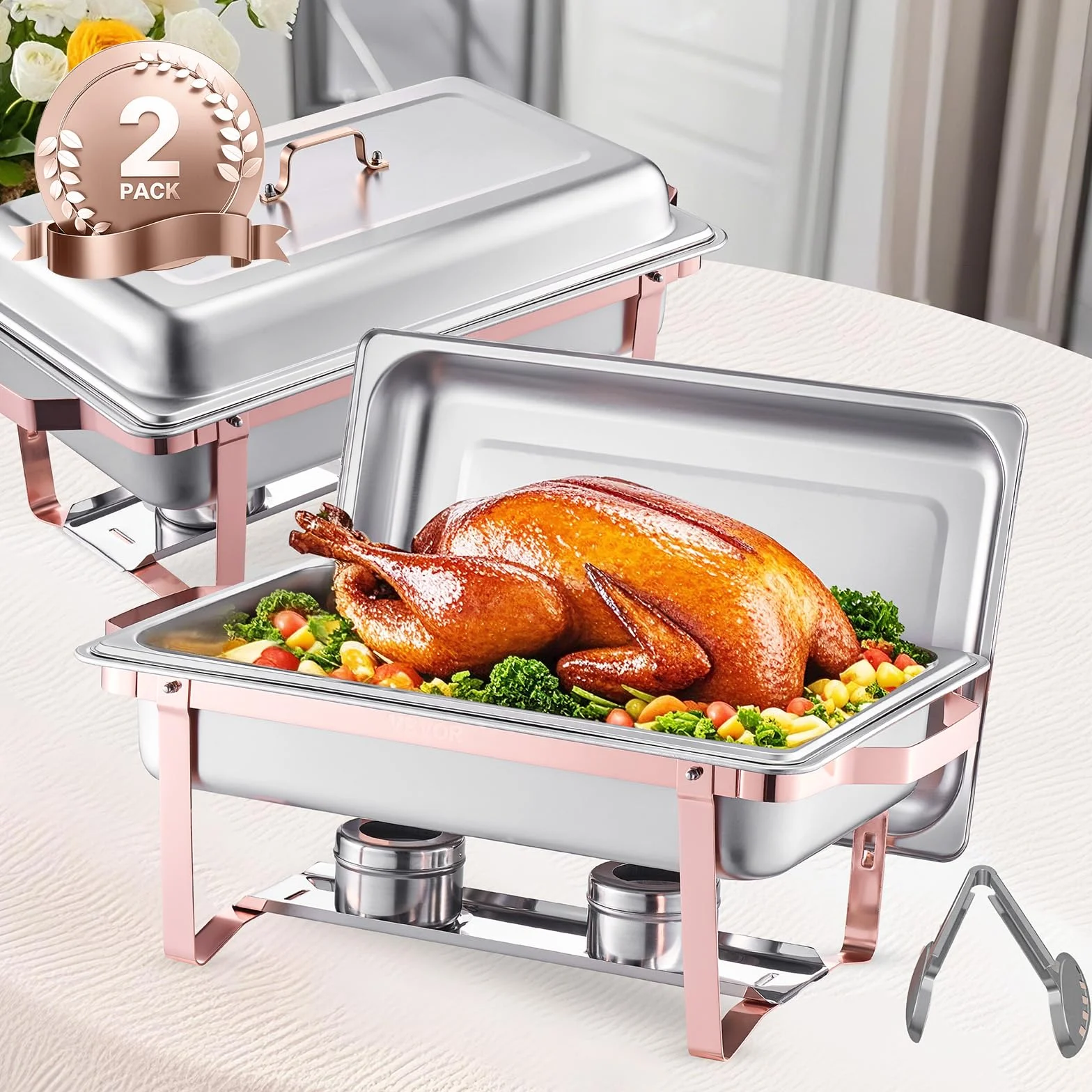 VEVOR Juego de 2 Platos para Calentar Alimentos Acero Inoxidable 7,5 L con Tapa y Soporte, Oro Rosa