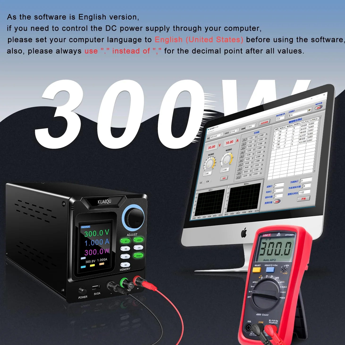 Fuente de Alimentación Regulable Programable 300V 1A, Alto Voltaje Fuente de Alimentación Laboratorio con Software PC, Perilla Codificadora, Memoria, Interruptor de Salida y Botón de Bloqueo
