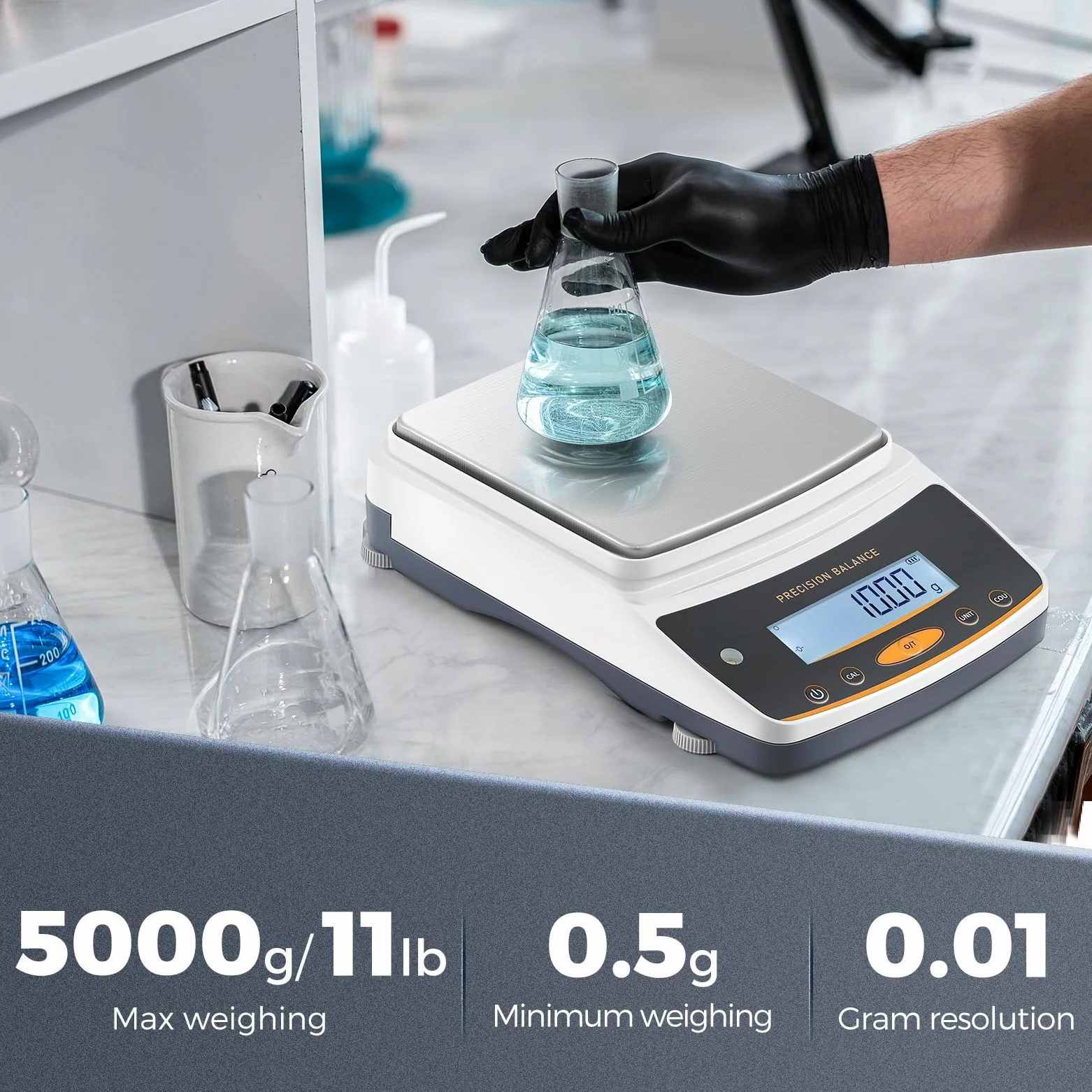 Bonvoisin Báscula de laboratorio: 5000 g x 0,01 g, báscula digital recargable con interfaz RS232, precisión de 0,01 g