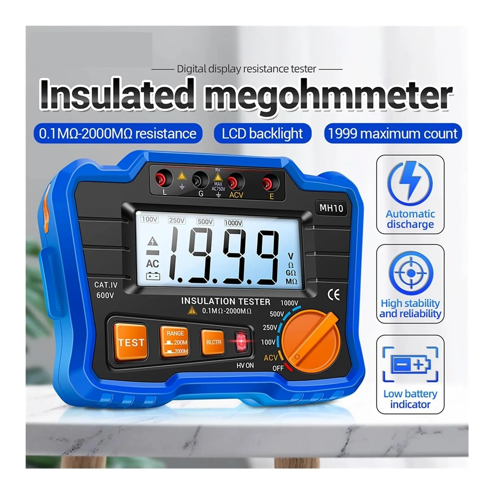 Probador Megger Megóhmetro digital MH10, comprobador de resistencia aislamiento, multímetro con pantalla LCD(Oranje)