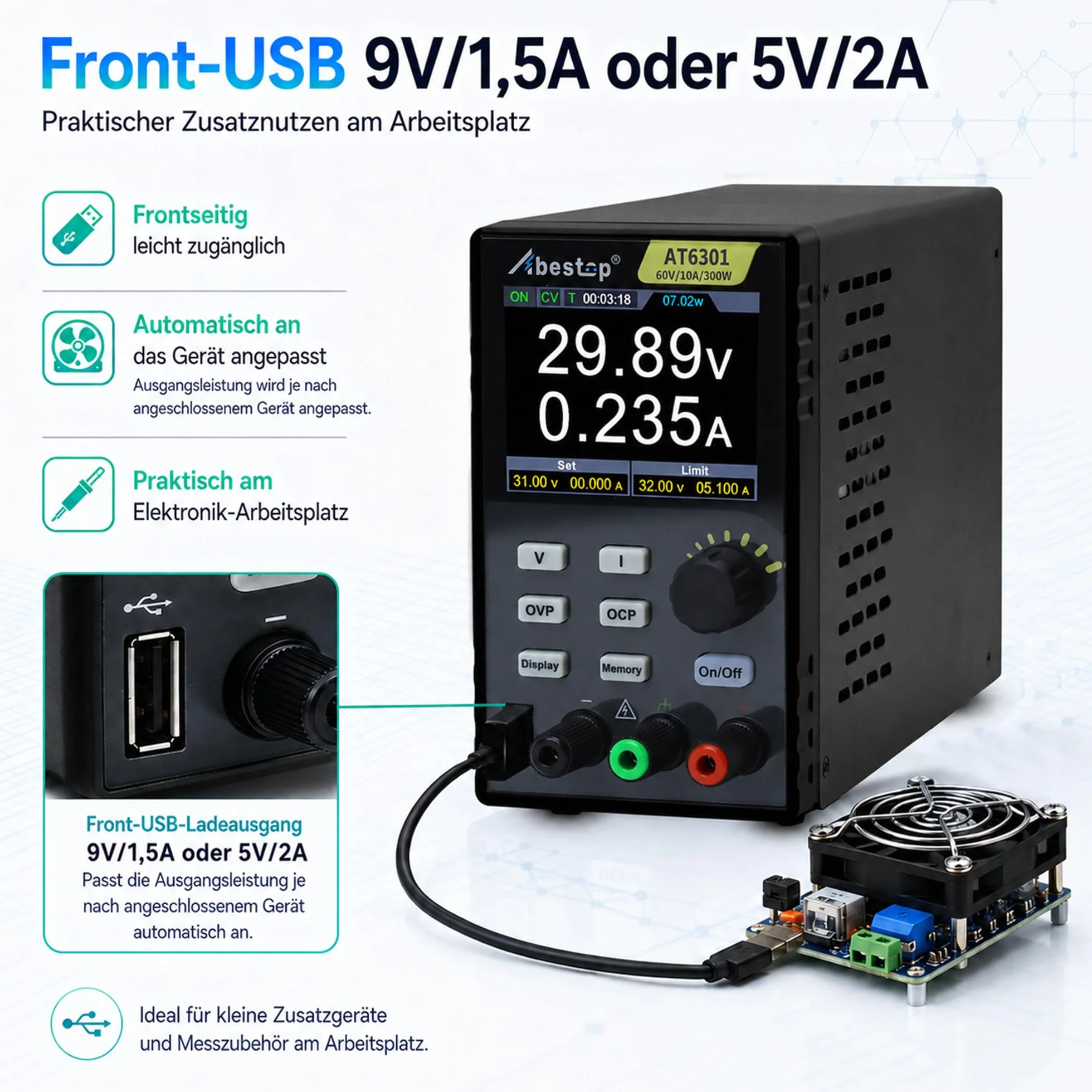 Fuente de alimentación de 60 V/10 A, 300 W, 2,8 Pulgadas, LCD, 4 dígitos, protección múltiple de Alta resolución con Carga USB (60 V/10A/300 W/AT6301)