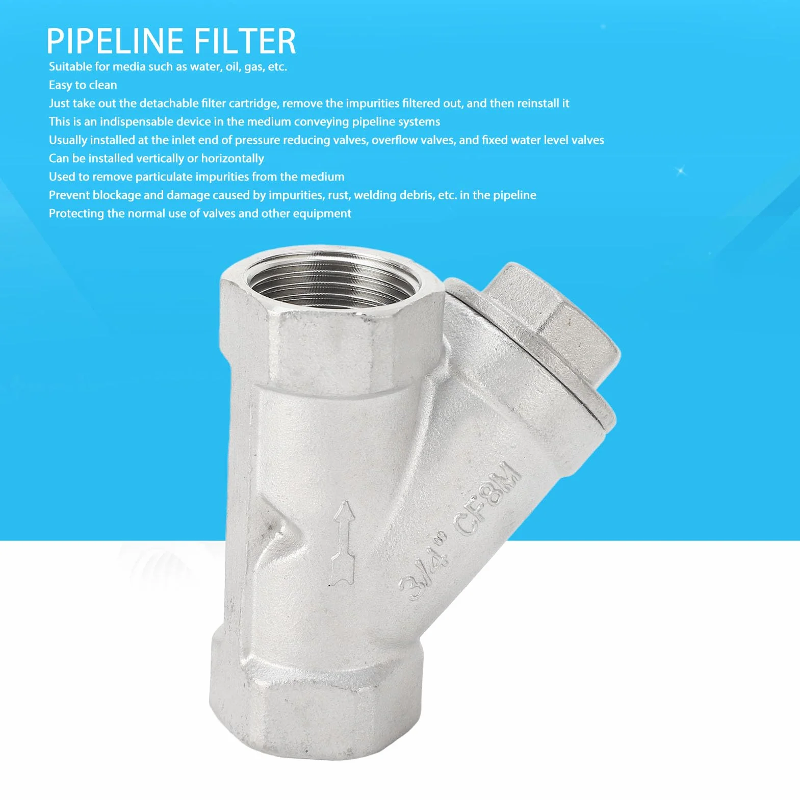 Filtro en Y 3/4 Pulg. DN20 PT Rosca Acero Inoxidable Malla de Doble Capa para Agua, Petróleo, Gas