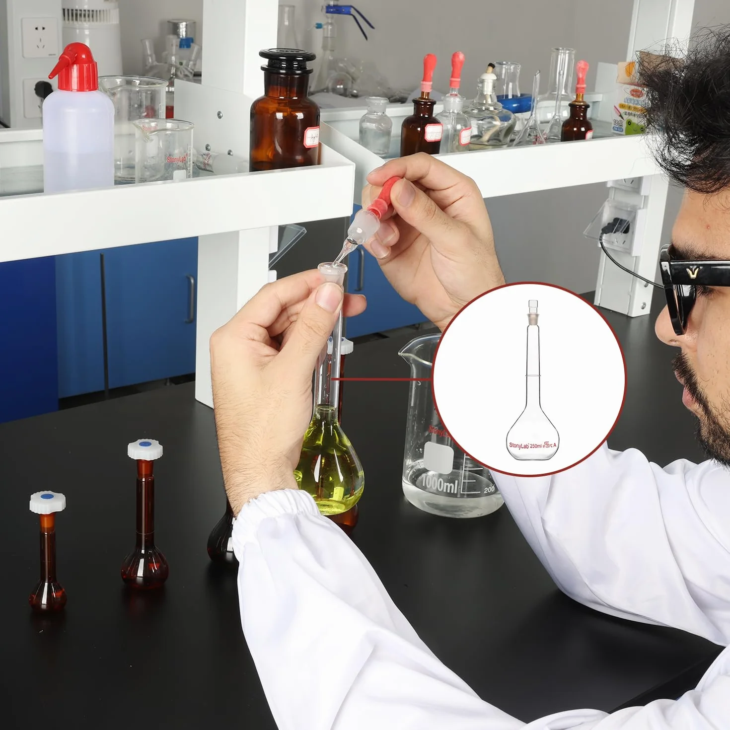 Matraz Aforado Clase A 1000 ml, Vidrio Borosilicato, Tapón de Vidrio, Frascos Volumétricos de Laboratorio