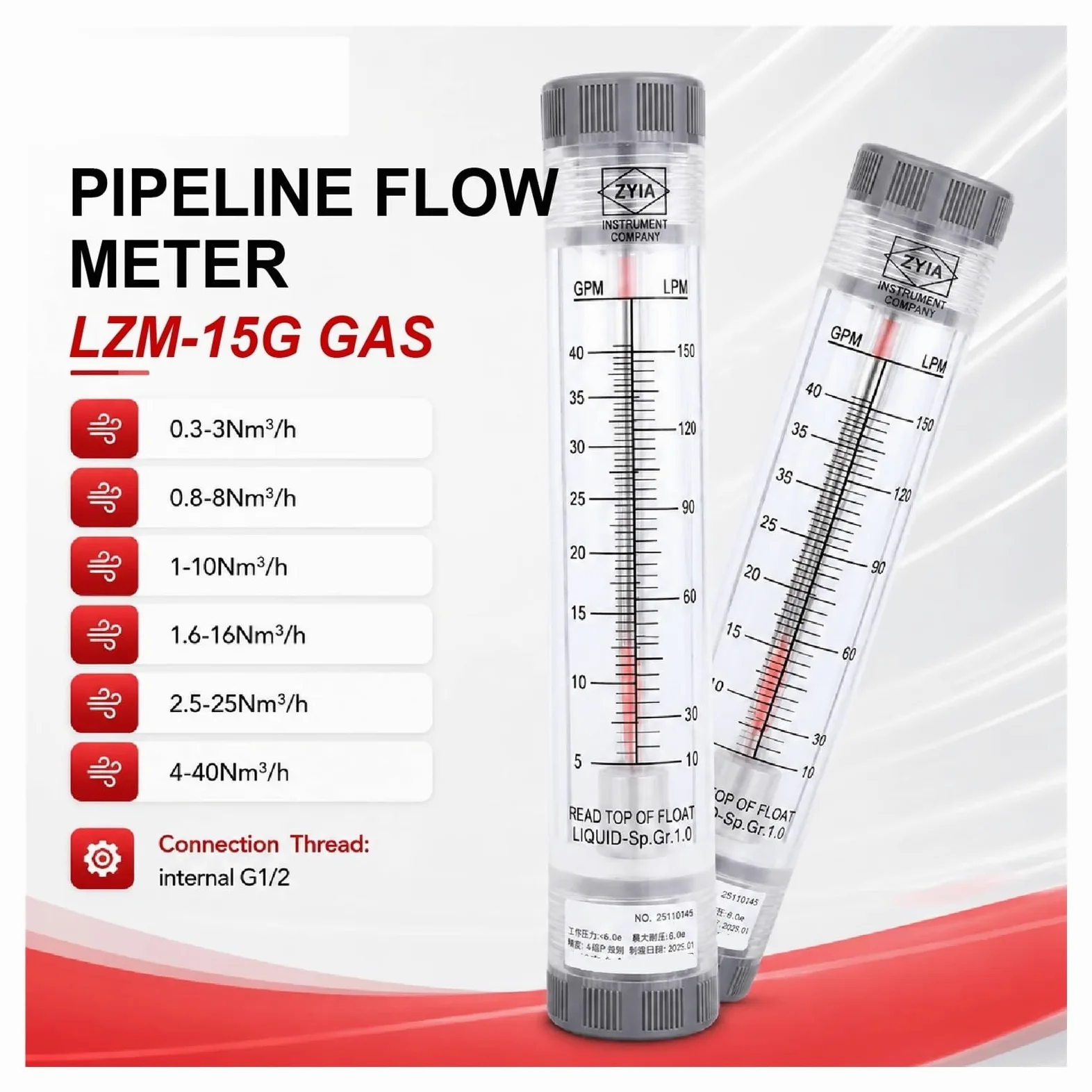 Rotámetro acrílico 0,3-40Nm3/h del medidor de Flujo de Gas de tubería de LZM-15G en línea(1.6-16Nm3-H)