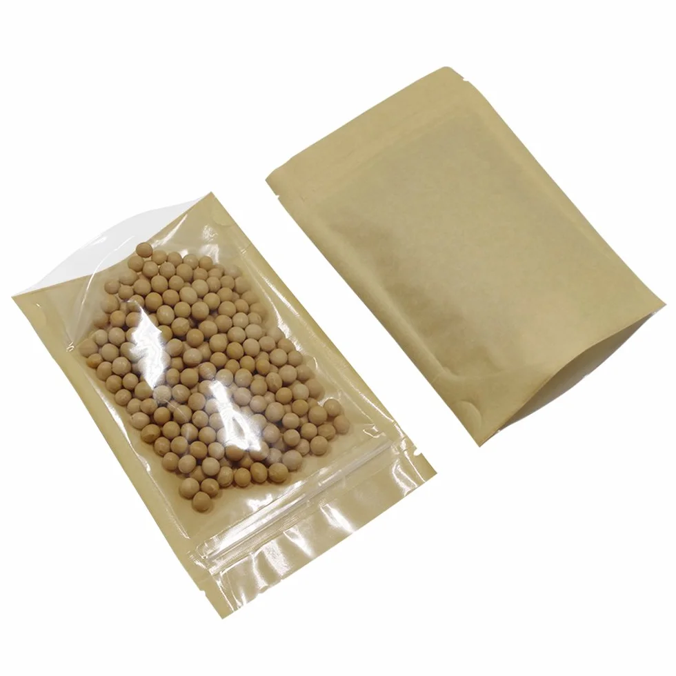 Bolsas de plástico transparente papel kraft marrón con cremallera 10x15 cm reutilizables almacenamiento alimentos