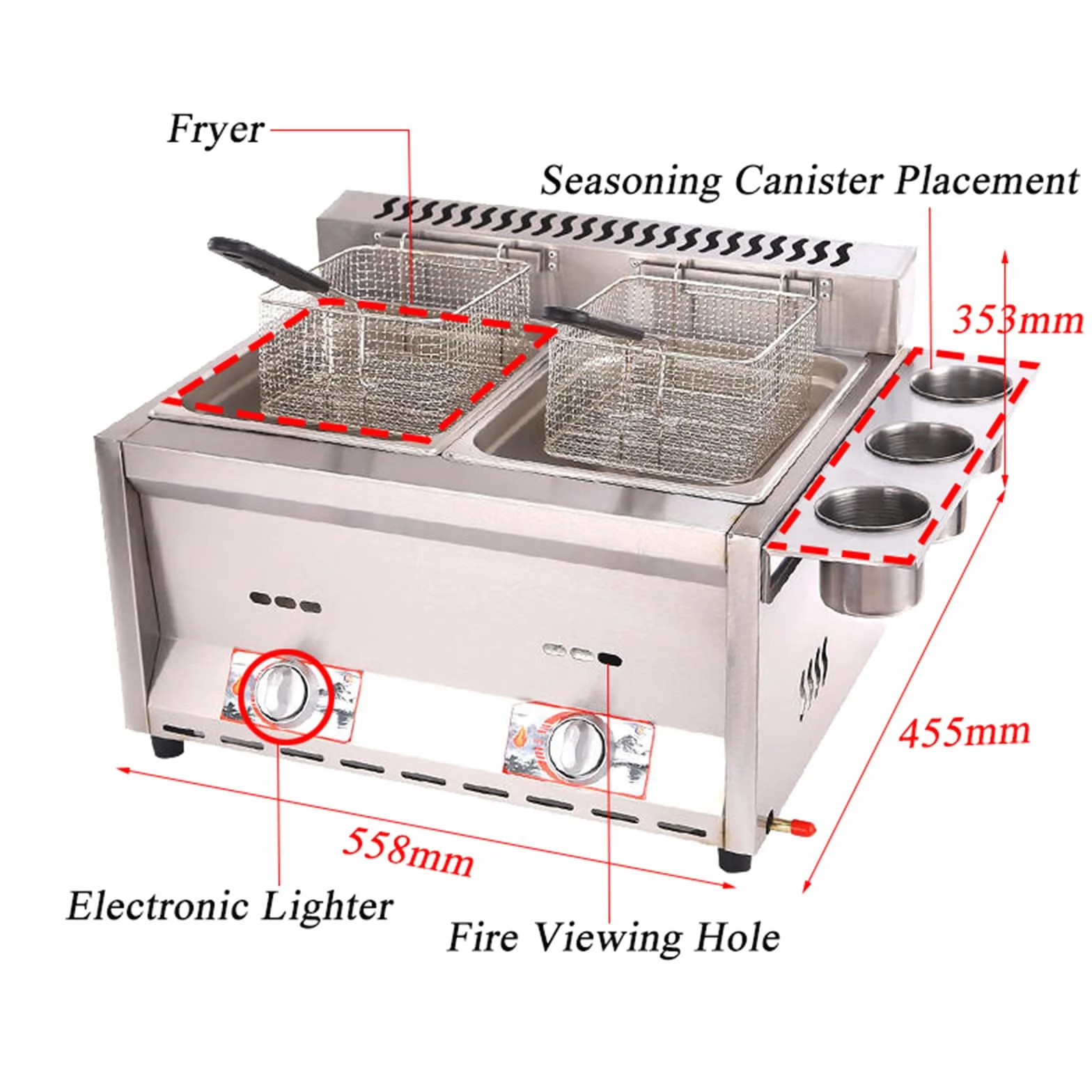 Freidora de gas, freidora de gas profesional de acero inoxidable comercial con cesta y tapa, Freidora 2x8L Doble Tanque para encimera de restaurante comercial Máquina