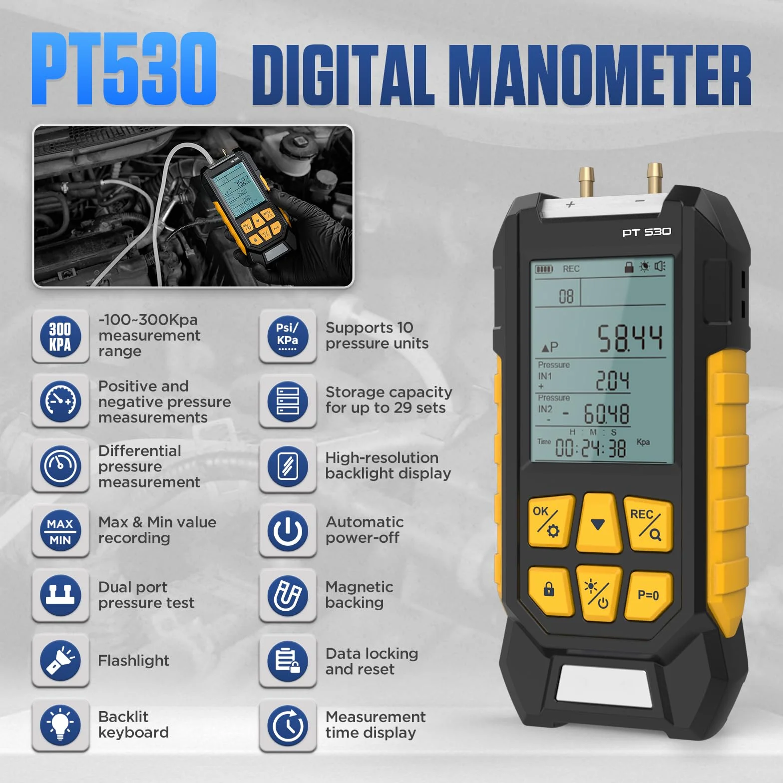 Manómetro de presión de gas PT530 de -100 a 300 KPa, medidor de presión de campo digital, HVAC, 10 unidades, 7 adaptadores, bloqueo y almacenamiento de datos, parte trasera magnética