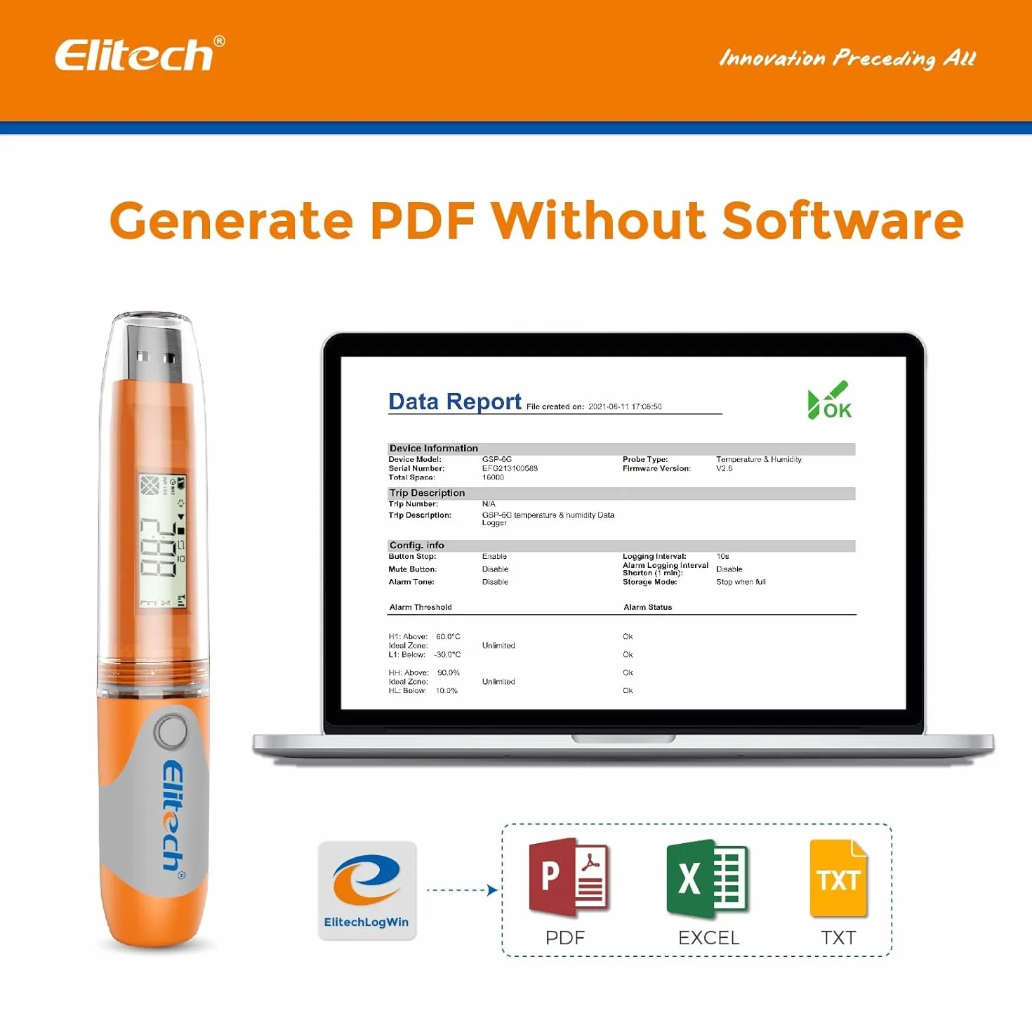 Elitech RC-51 PDF, registrador de datos de temperatura USB, grabador reutilizable, estilo de bolígrafo, 32000 puntos de registro
