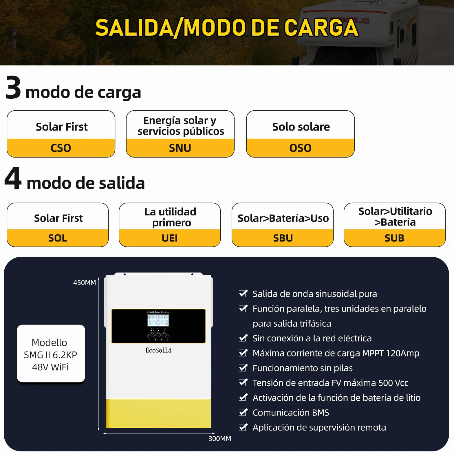 6200W Inversor híbrido 48V a 230v 220v, Funciona sin batería, función Paralelo, Onda Pura Off-Grid, 120A MPPT, admite baterías de Plomo-ácido y Litio, BMS, con módulo WiFi