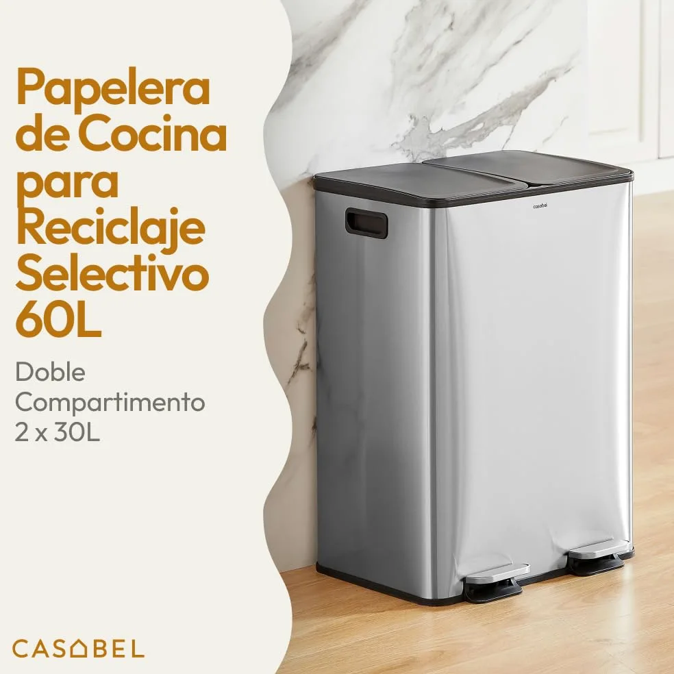 CASABEL Cubo de basura de cocina doble 2x30L en acero inoxidable, cromado | Doble compartimento, Reciclaje selectivo, 2 pedales, Antihuellas, Tapas herméticas, Cubos extraíbles, Fácil mantenimiento