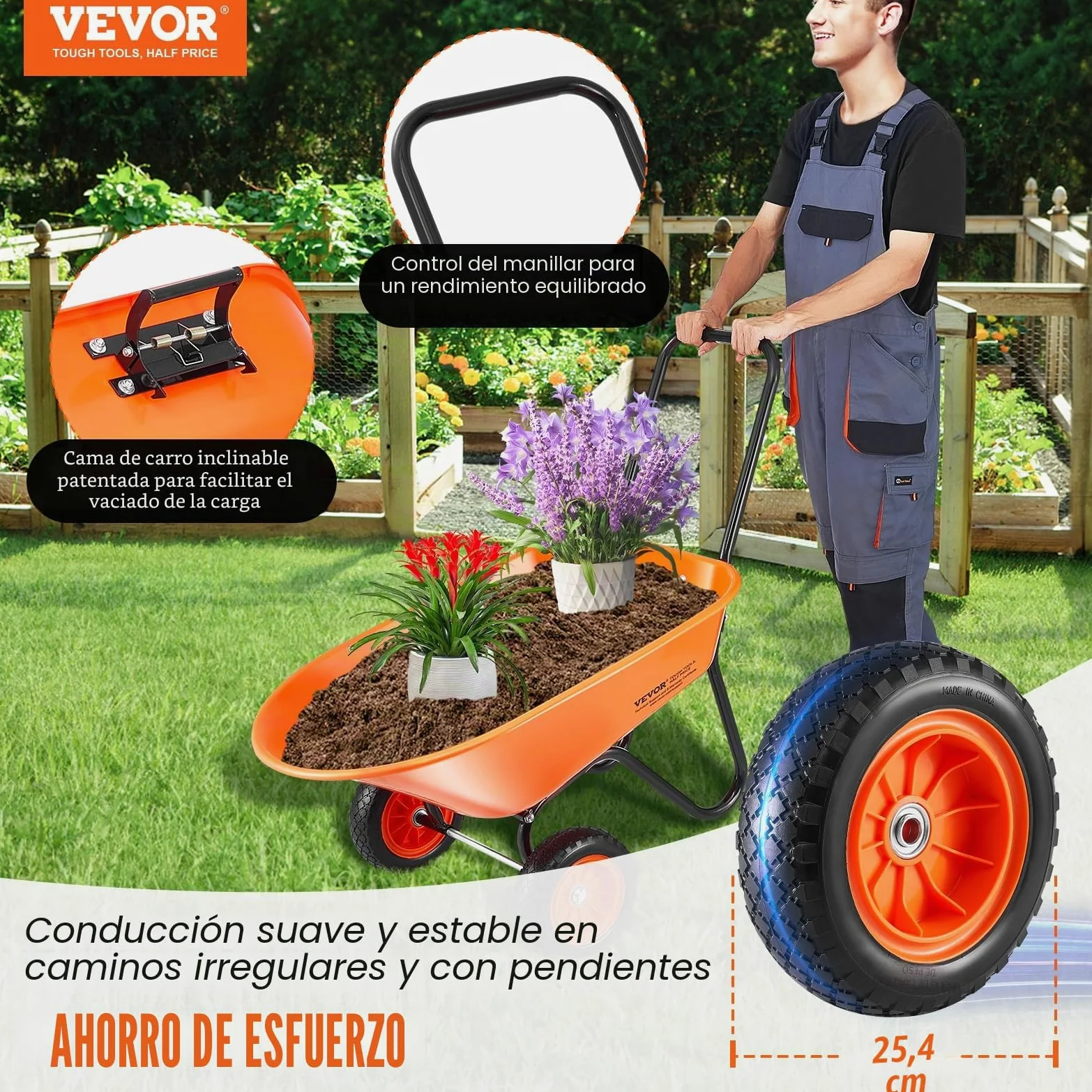 VEVOR Carretilla para Jardín Carga de 180 kg Carro de Descarga con 2 Ruedas de 25,4 cm y Asa Carro Utilitario de Fácil Carga Carrito para Césped al Aire Libre, Patio, Granja, Naranja y Negro
