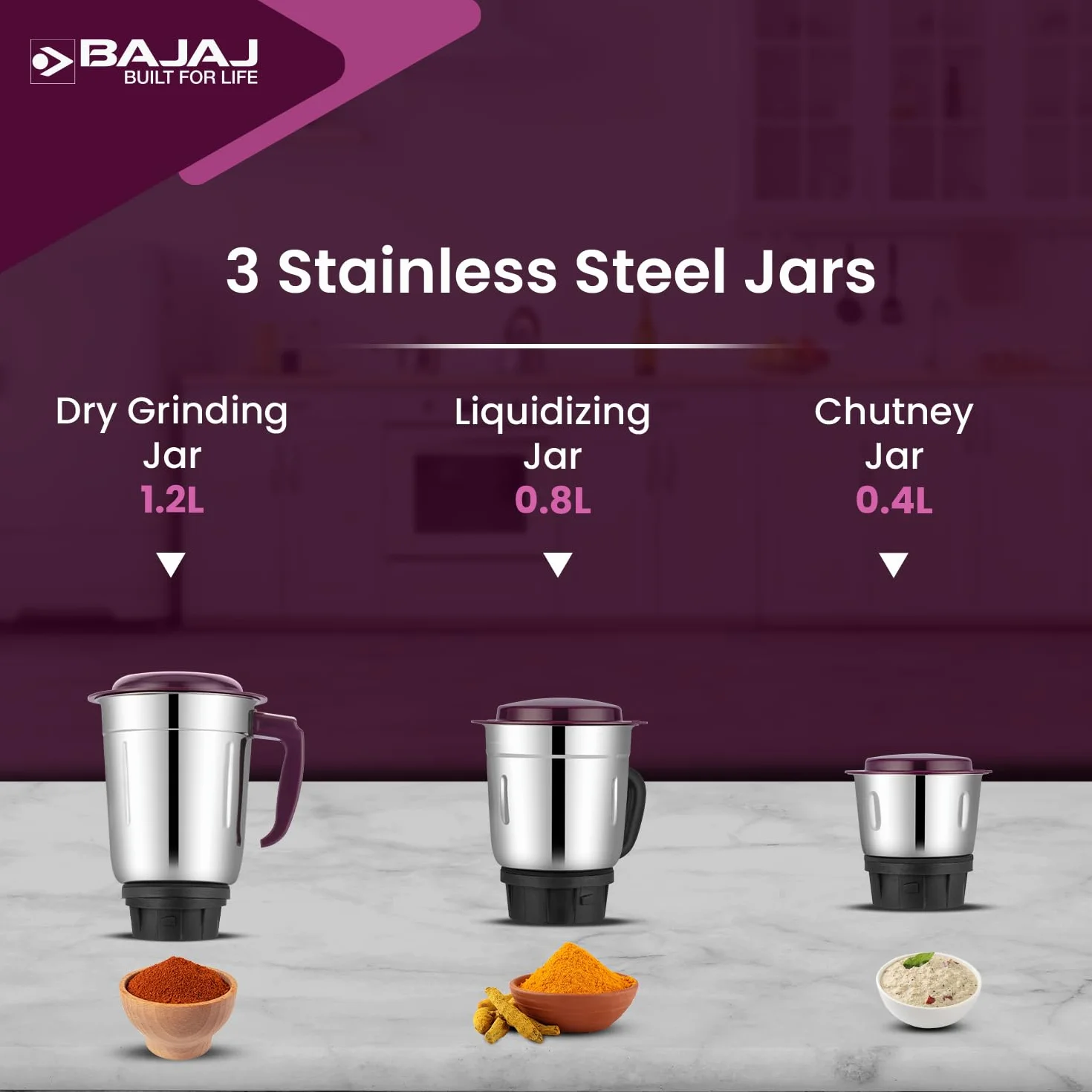 Bajaj Rex - Molinillo mezclador de 500 W, mezcla para cocina con características Nutri-Pro, 3 tarros mezcladores SS para molienda resistente, control de velocidad ajustable, sistema de cuchillas