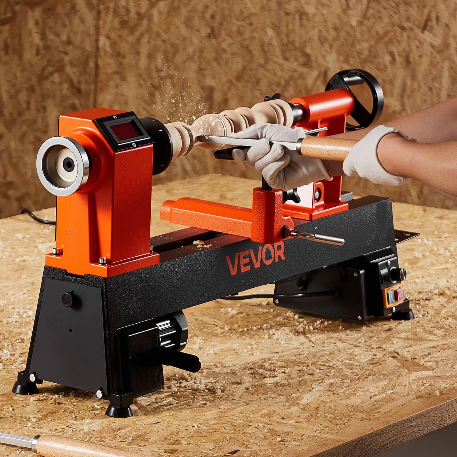 VEVOR 750 W Torno de Sobremesa de Carpintería con Velocidad Variable de 150 a 3800 RPM, Banco de Trabajo de 304 x 465 mm, Motor de CC sin Escobillas, Construcción de Hierro Fundido para Bricolaje
