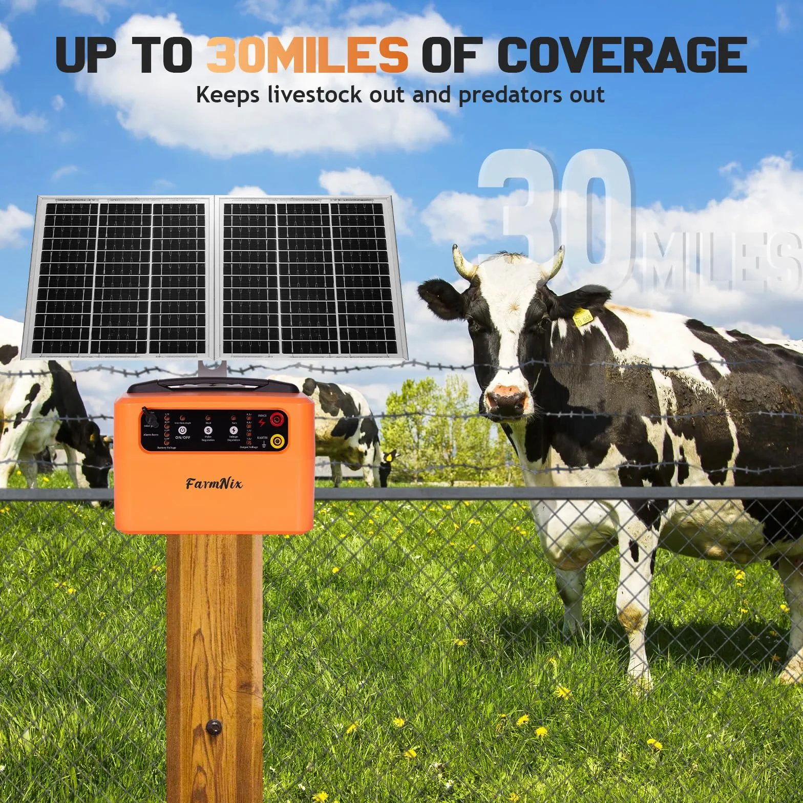 12 V Solar Pastor Electrico, 0.3-1.5J, 6KV-12KV cerca eléctrica Controlador de 48KM, con batería de 12 V 7Ah y Panel Solar de 15W, para Cría de Animales Pastores, para Granja Pastar Jardín