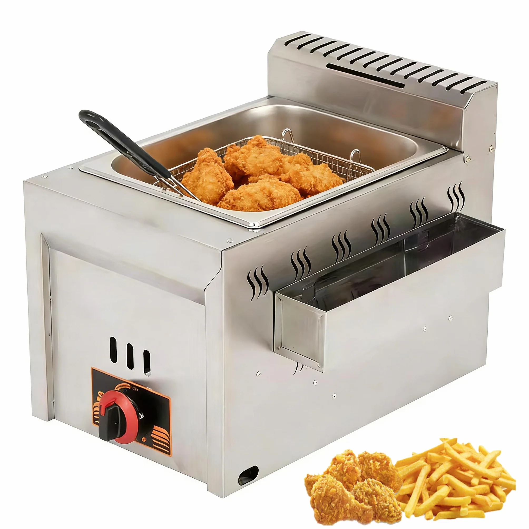 Freidora de Gas Profesional, Freidora Aceite 8L,Acero Inoxidable Grado Alimenticio, Cesta y Tapa de Malla Metálica Reforzada, Cesta Extraíble, para Cocinas Comerciales y Camiones de Comida.