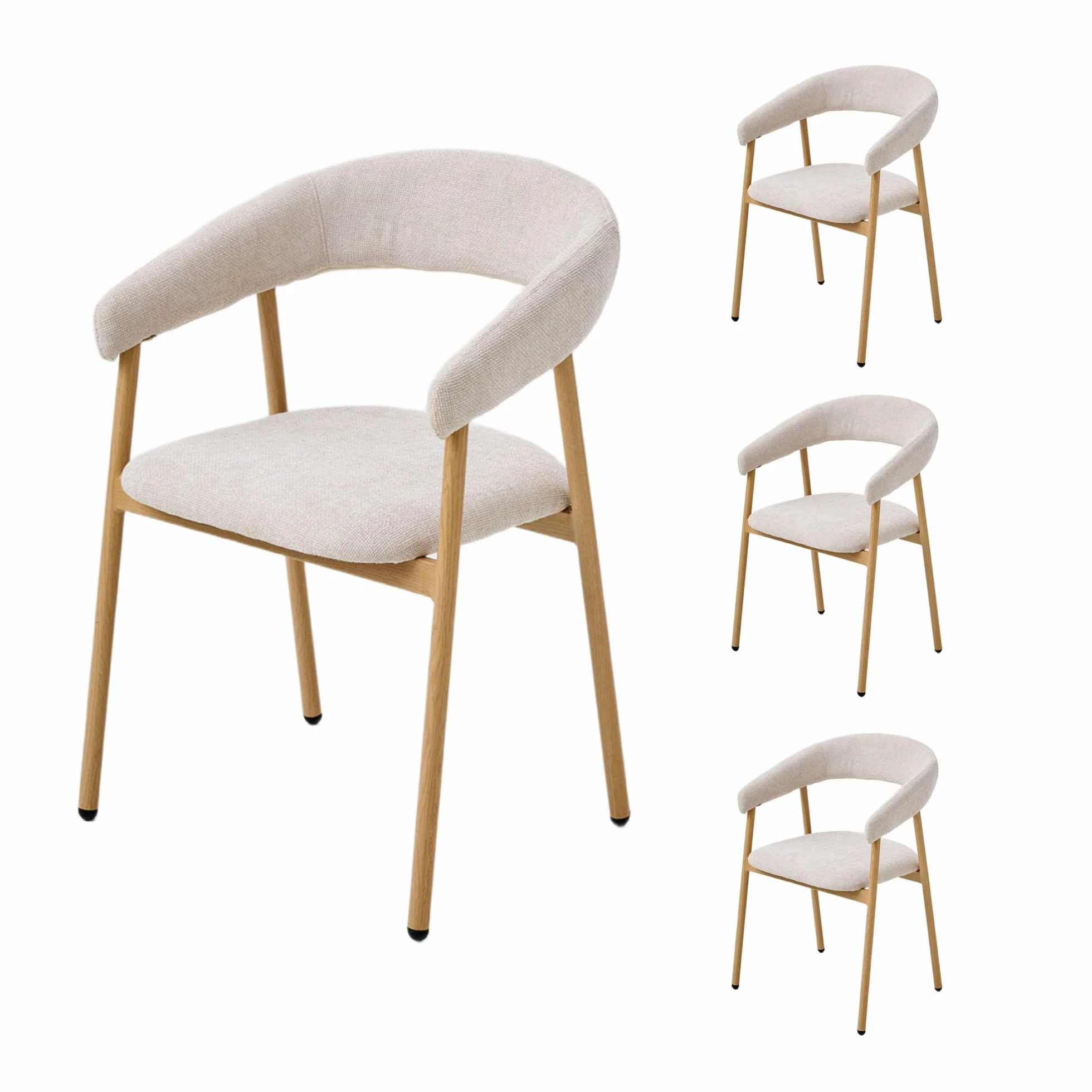Juego de 4 sillas de Comedor Modernas ergonómicas de felpilla tapizadas con reposabrazos y Respaldo Curvado, Patas de Metal con Grano de Madera, Color Beige