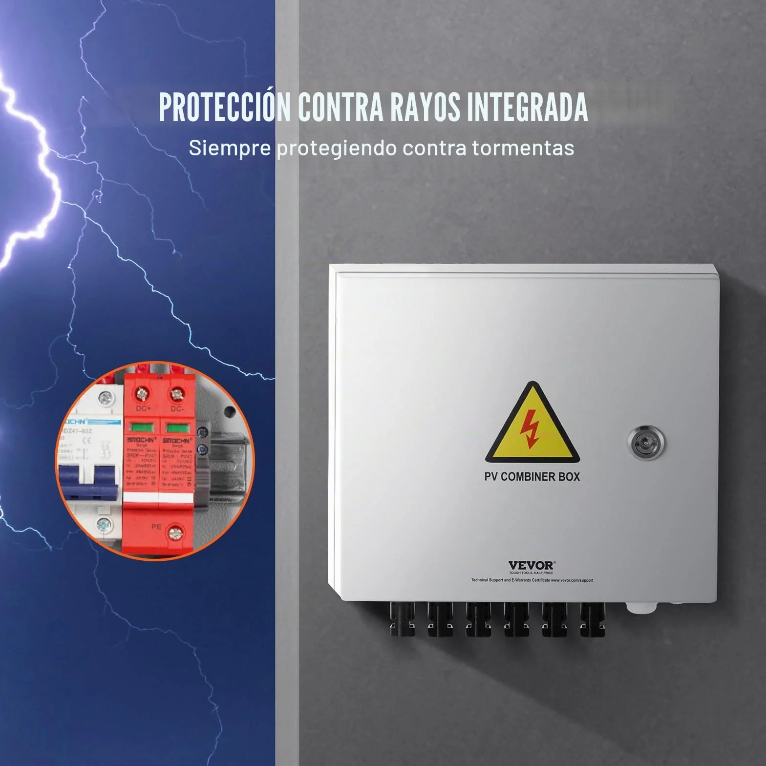 VEVOR Caja Combinadora Fotovoltaica, 6 Cuerdas, Caja Combinadora Solar con Fusible de Corriente Nominal de 15 A Conector Solar, Caja de Acero para Sistema de Panel Solar de Red de Encendido, Apagado