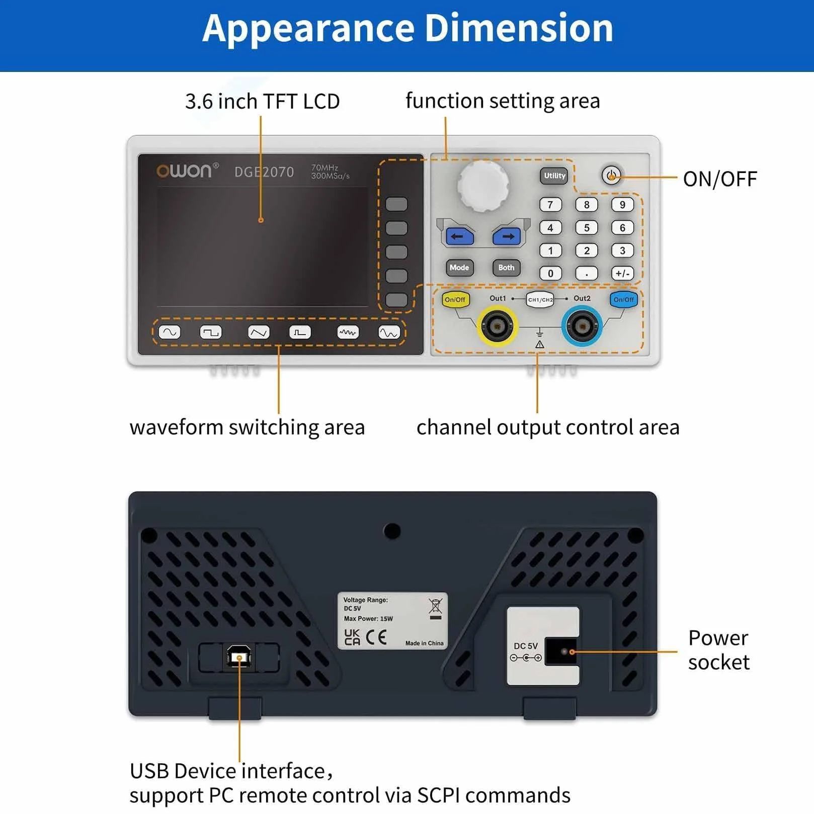 OWON DGE2070 generador portátil de forma de onda arbitraria, pantalla LCD de 3,6 pulgadas, canales duales, salida de frecuencia de 70 MHz, frecuencia de muestreo máxima de 300 MSa/s con generador