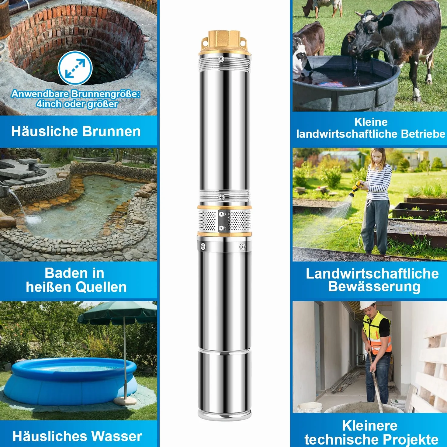 Bomba de pozo profundo 750 W, 4000 l/h, 875 mm, bomba de agua de acero inoxidable, presión 6,7 bar, altura máxima de extracción 67 m, máx. 35 °C