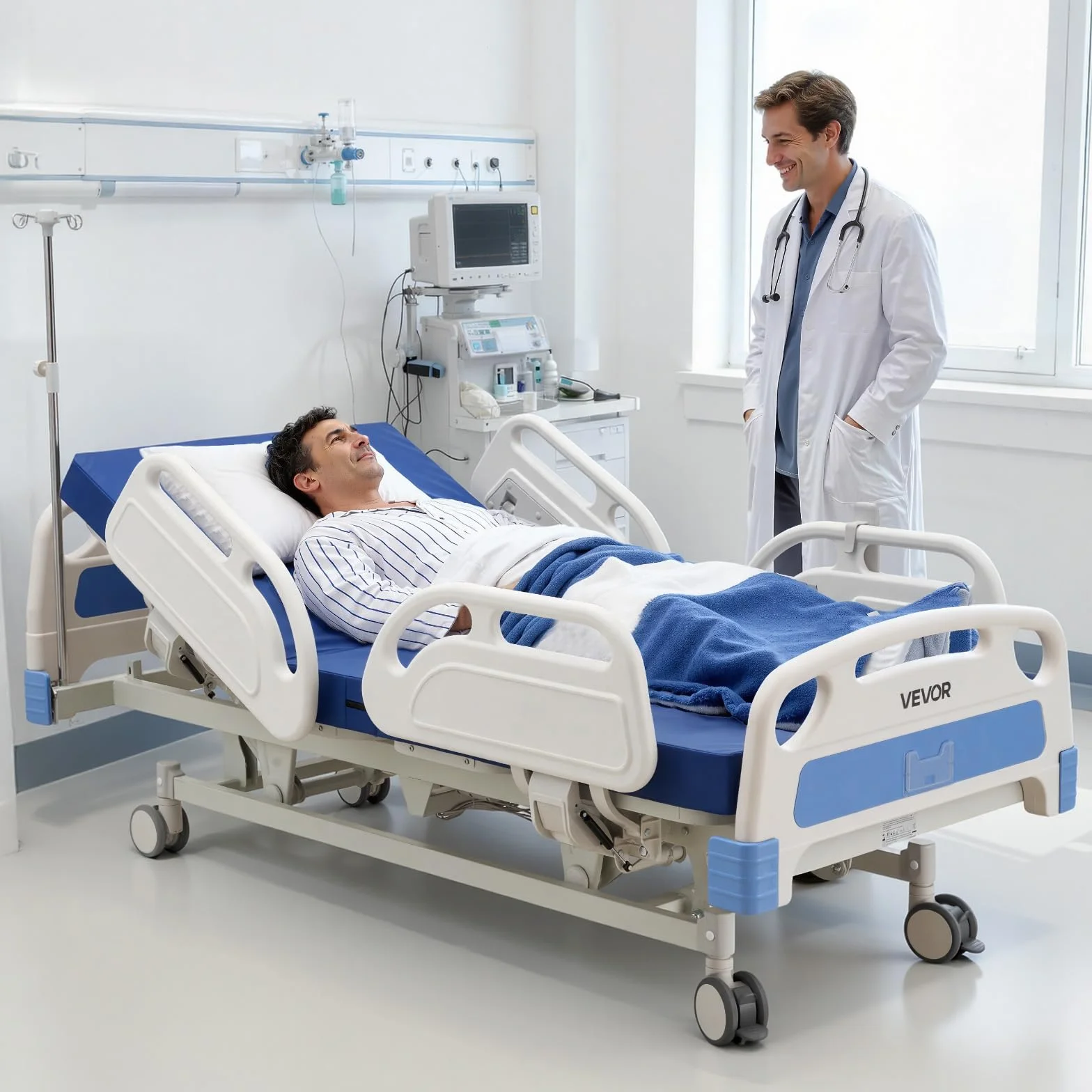 VEVOR Cama de Hospital Eléctrica de 5 Funciones con Trendelenburg y Ruedas con Bloqueo, Cama Médica con Colchón de Alta Densidad para Hospitalización Doméstica, Carga de 250 kg, 213 x 106 x 45-75 cm