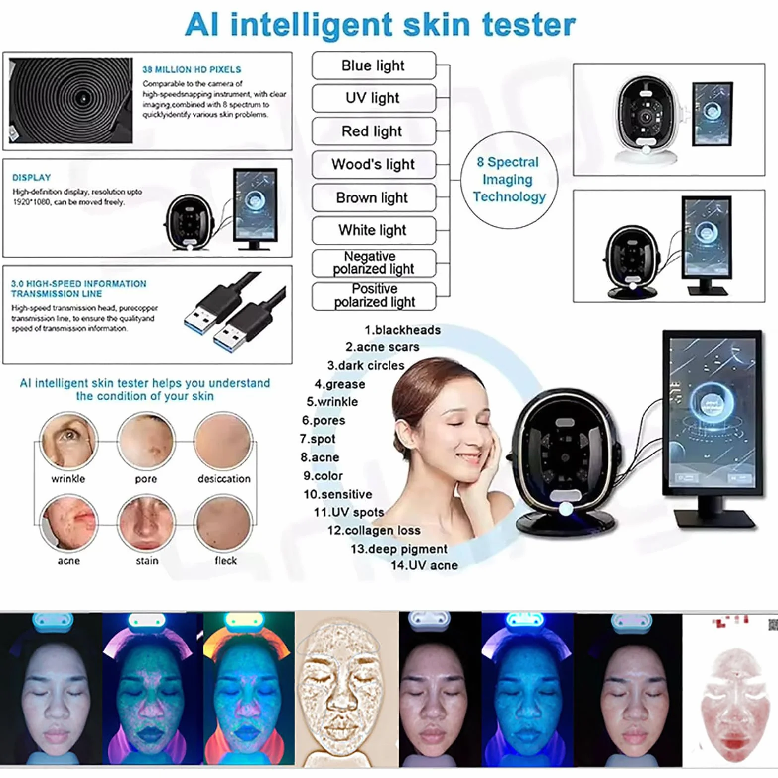 Analizador De Piel con IA, Instrumento De Análisis Facial, Imágenes De 8 Espectros, 20 Parámetros De Prueba, Almacenamiento En La Nube, para La Evaluación del Estado De La Piel Black-13.3in