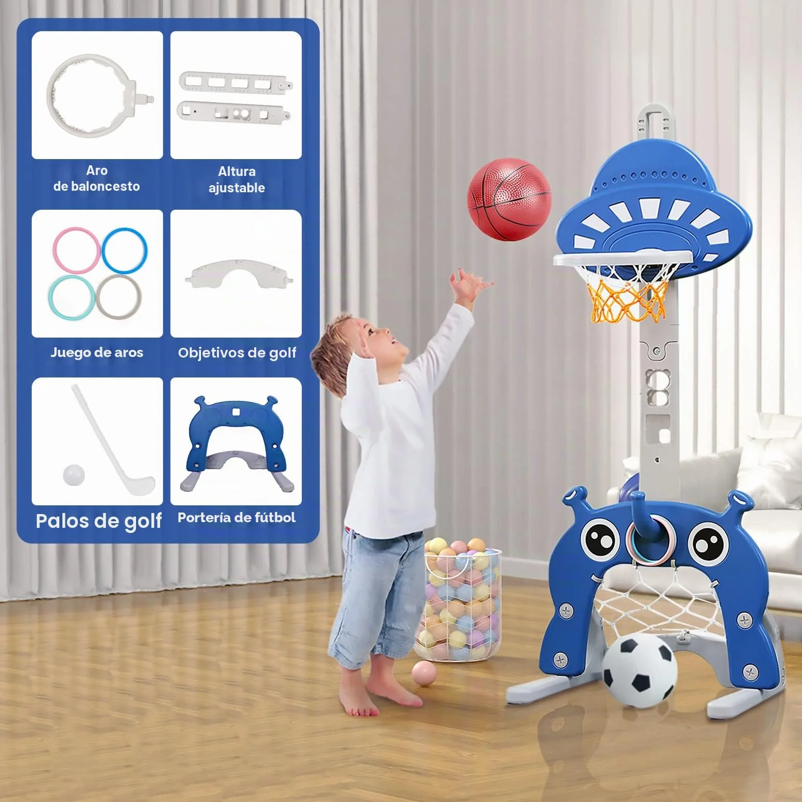 Canasta de Baloncesto para Niños 4 en 1 Regulable en Altura con Juego de Golf, Fútbol y Portería Azul