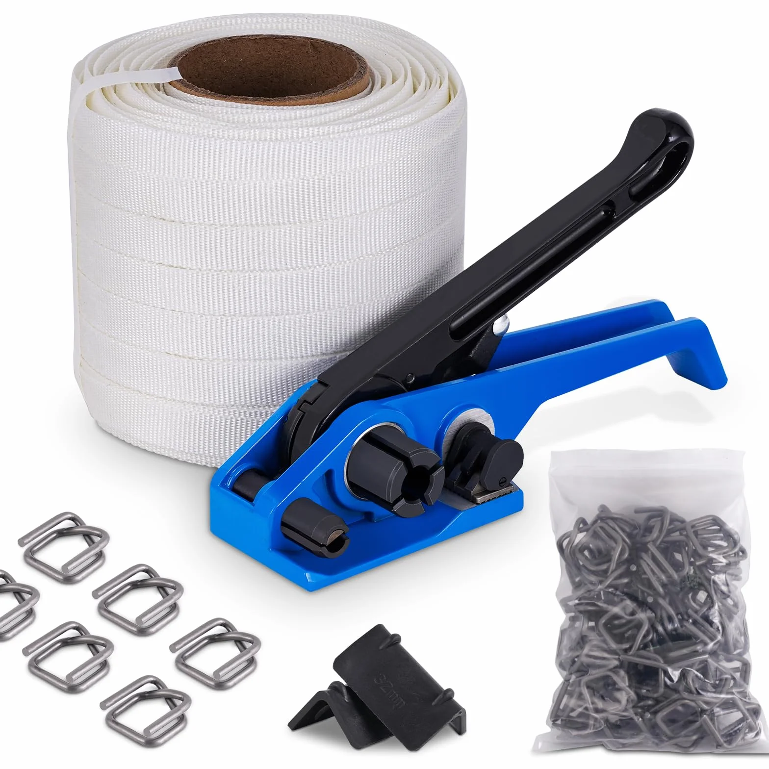 BAOSHISHAN Kit de flejado con tejido textil para embalaje de palés (tensor 2 en 1 + flejado textil de 100 m + 100 hebillas de embalaje de fosfatación + 20 esquinas de embalaje)