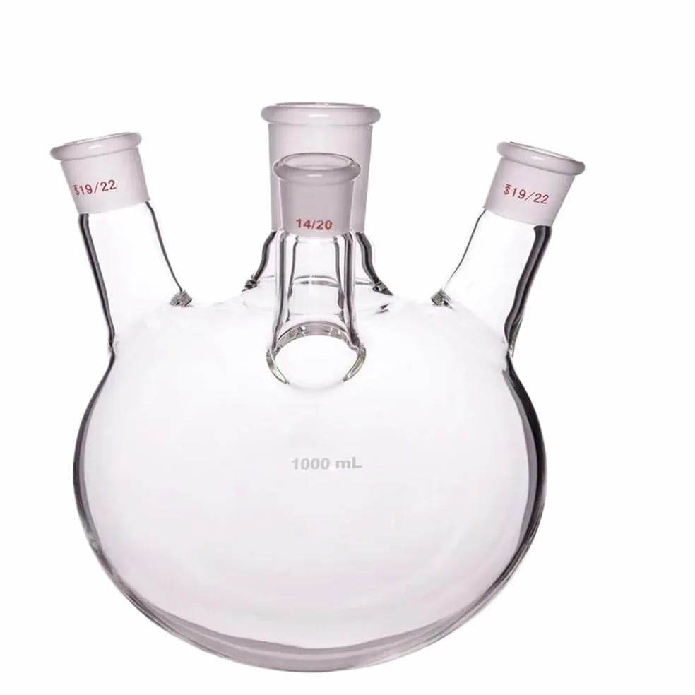 For laboratorio, frasco oblicuo de cuatro bocas de paredes gruesas, matraz de cuatro bocas de forma oblicua, capacidad 1000 ml, vidrio de borosilicato(1000mL-F2290091)