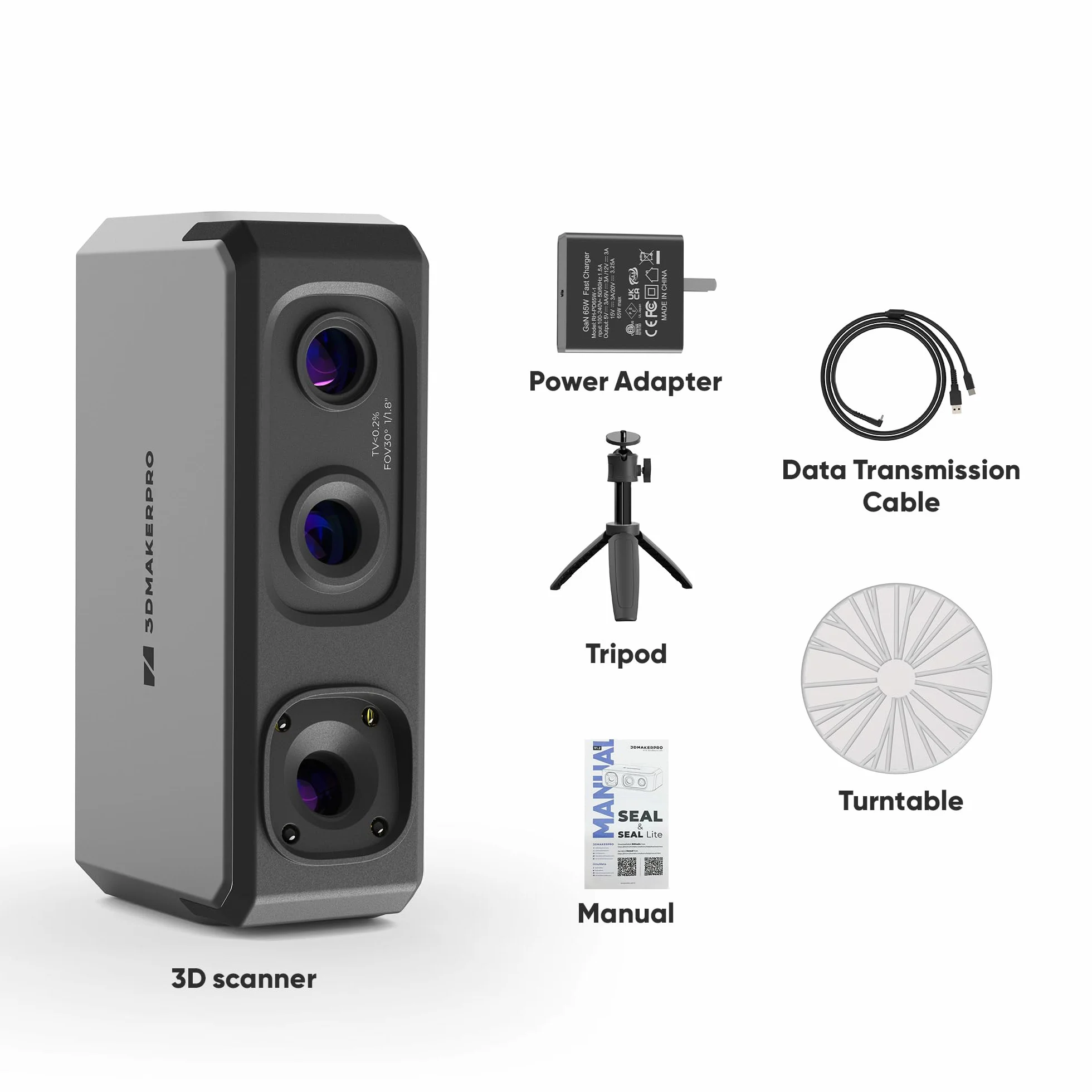 Escáner 3D 3DMakerpro Seal, escáner 3D portátil con precisión de 0,01 mm, cámara a color de 24 bits, lentes ópticas antivibración, escáner 3D de velocidad de escaneo de 10 FPS - Kit Premium