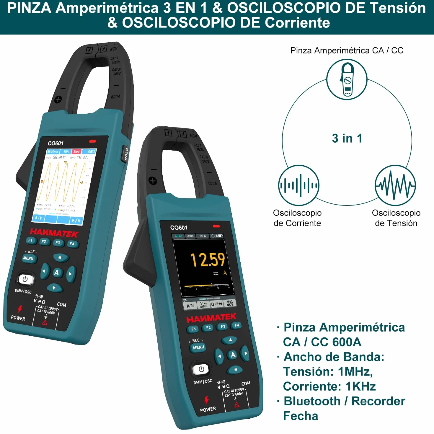 HANMATEK Multímetro con Osciloscopio 2 en 1, Pinza Amperométrica Profesional, 5 MSa/s, Banda 1MHz, NCV, Bluetooth, Pantalla TFT de 2.8", 600A/1000V, CO601