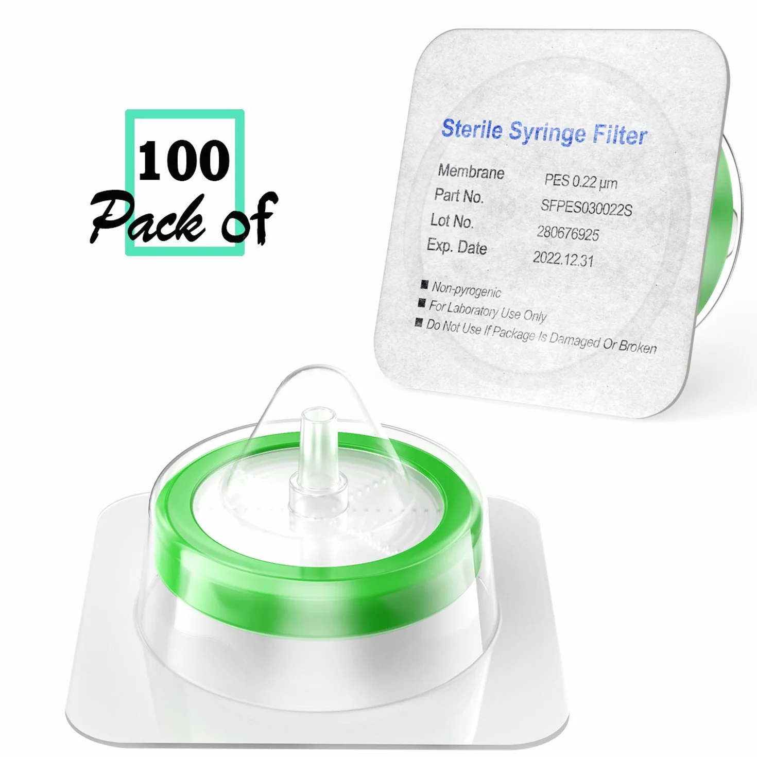 Biomed Scientific - Filtros de jeringa estériles empaquetados individualmente, membrana PES de 0,22 um, tamaño de poros, 33 mm de diámetro, jeringa estéril con membrana PES hidrófila 100 unidades