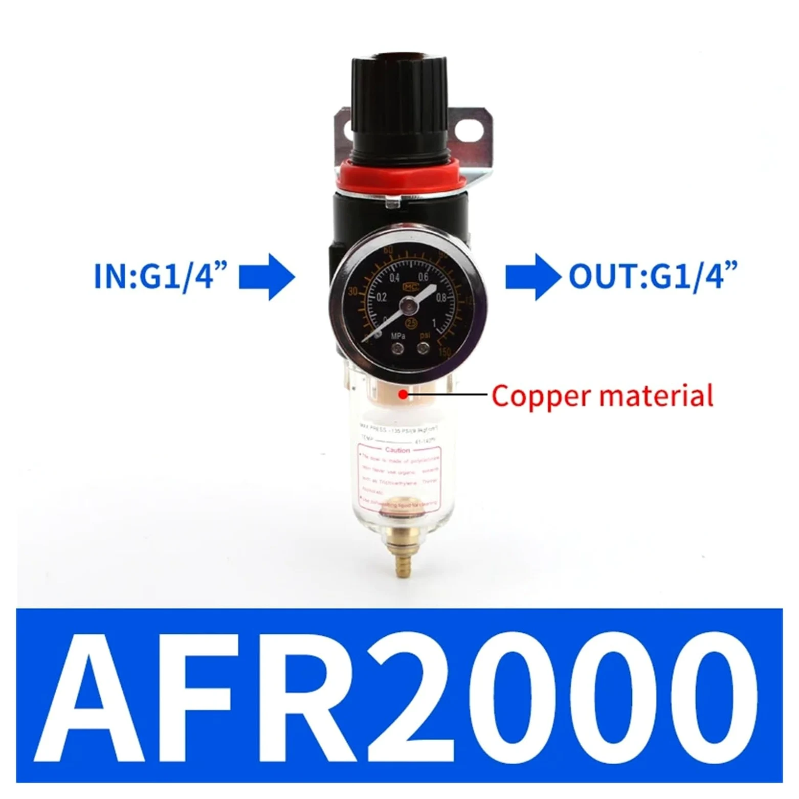 AFR2000 - Regulador de presión de filtro de latón roscado de 0.25 pulgadas, separador de agua, pistola pulverizadora, compresor de aire acondicionado (con conector de 6 mm)
