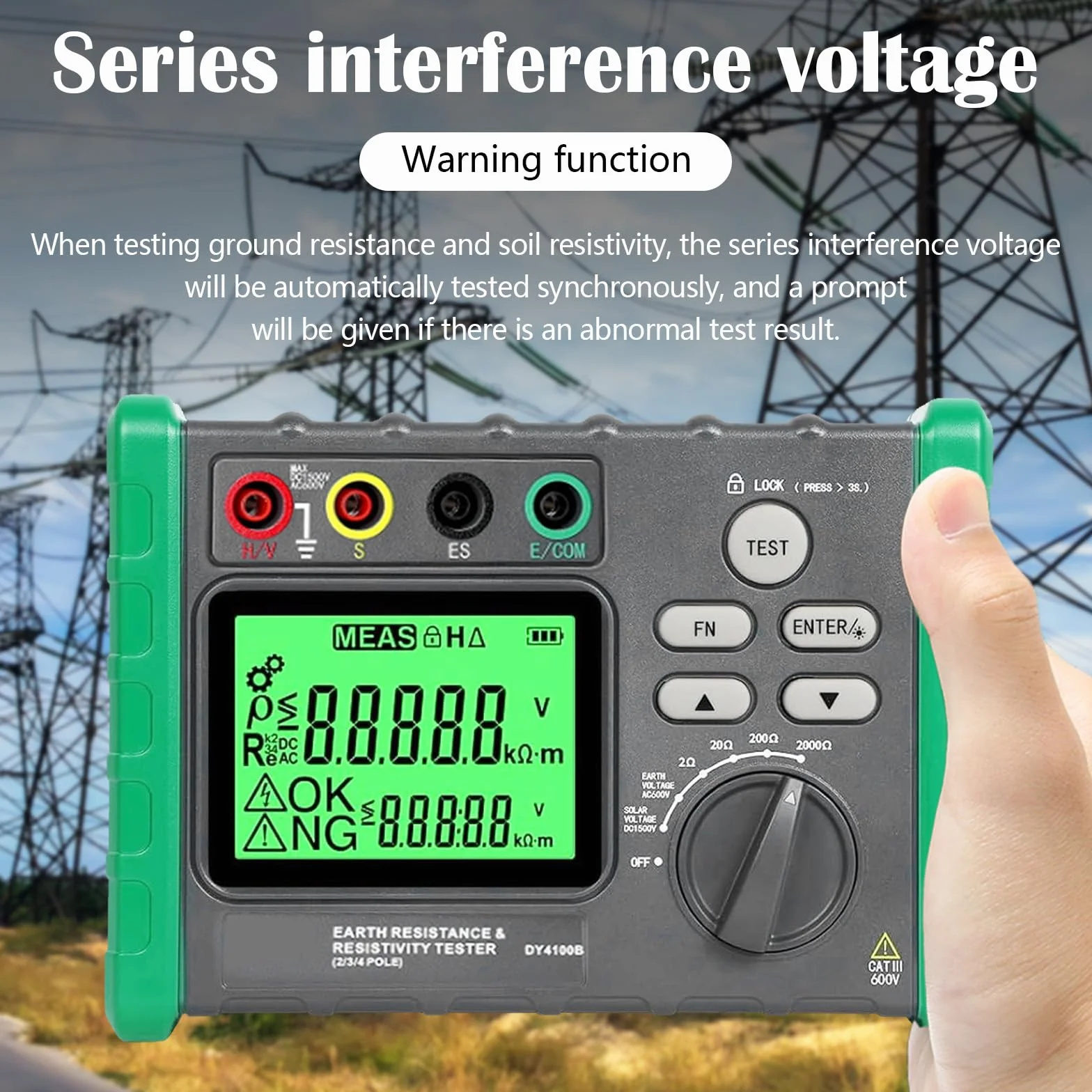 Probador de Resistencia de Aislamiento y Megóhmetro Digital, 0-2000 Ω/ohm Voltaje de Tierra AC 0-600 V, Voltaje Fotovoltaico DC 0-1500 V