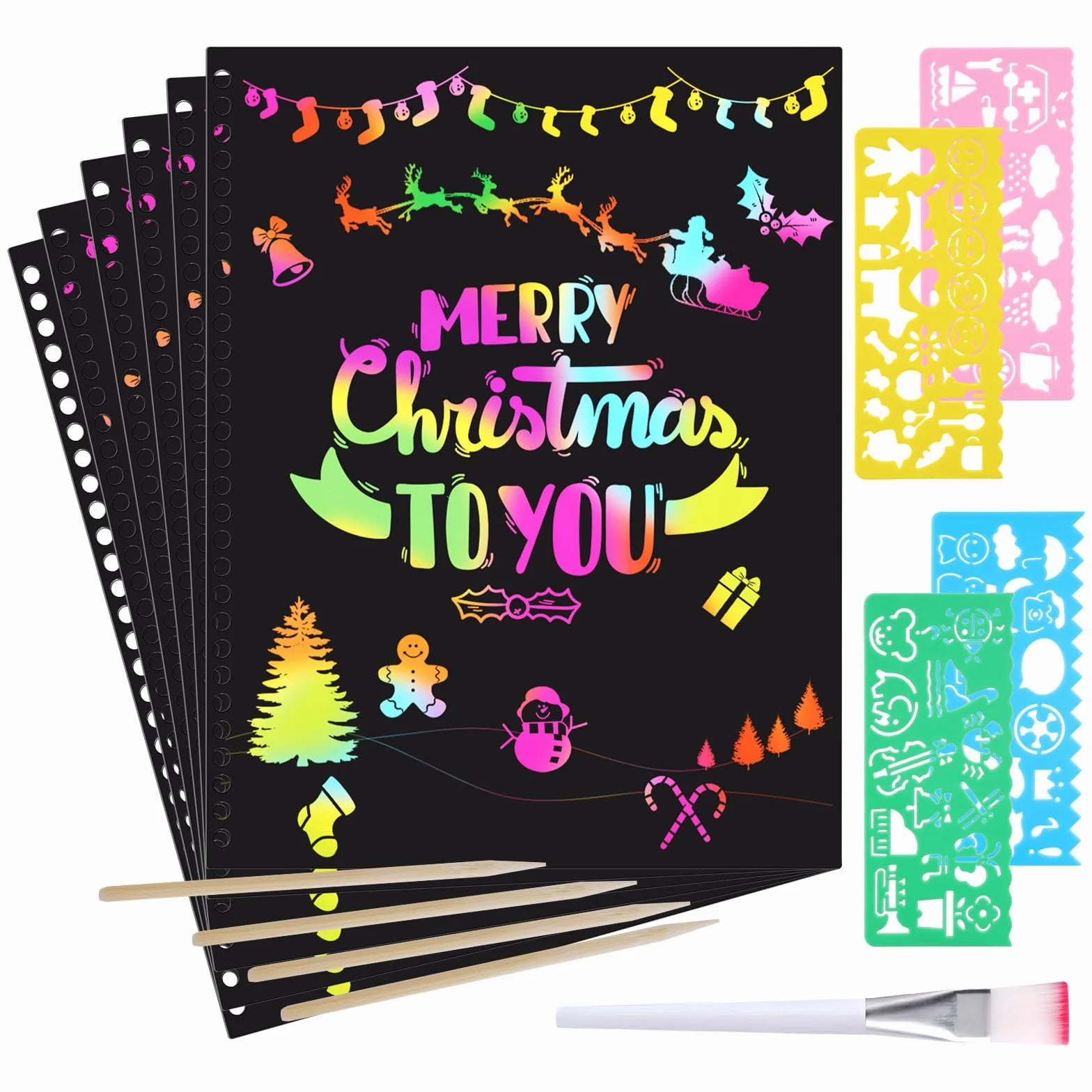 OFFCUP Scratch Art Manualidades Creativas, 2pcs Papel de Rascar para Niños con 4 Plumas de Bambú y 4 Plantilla de Pintura