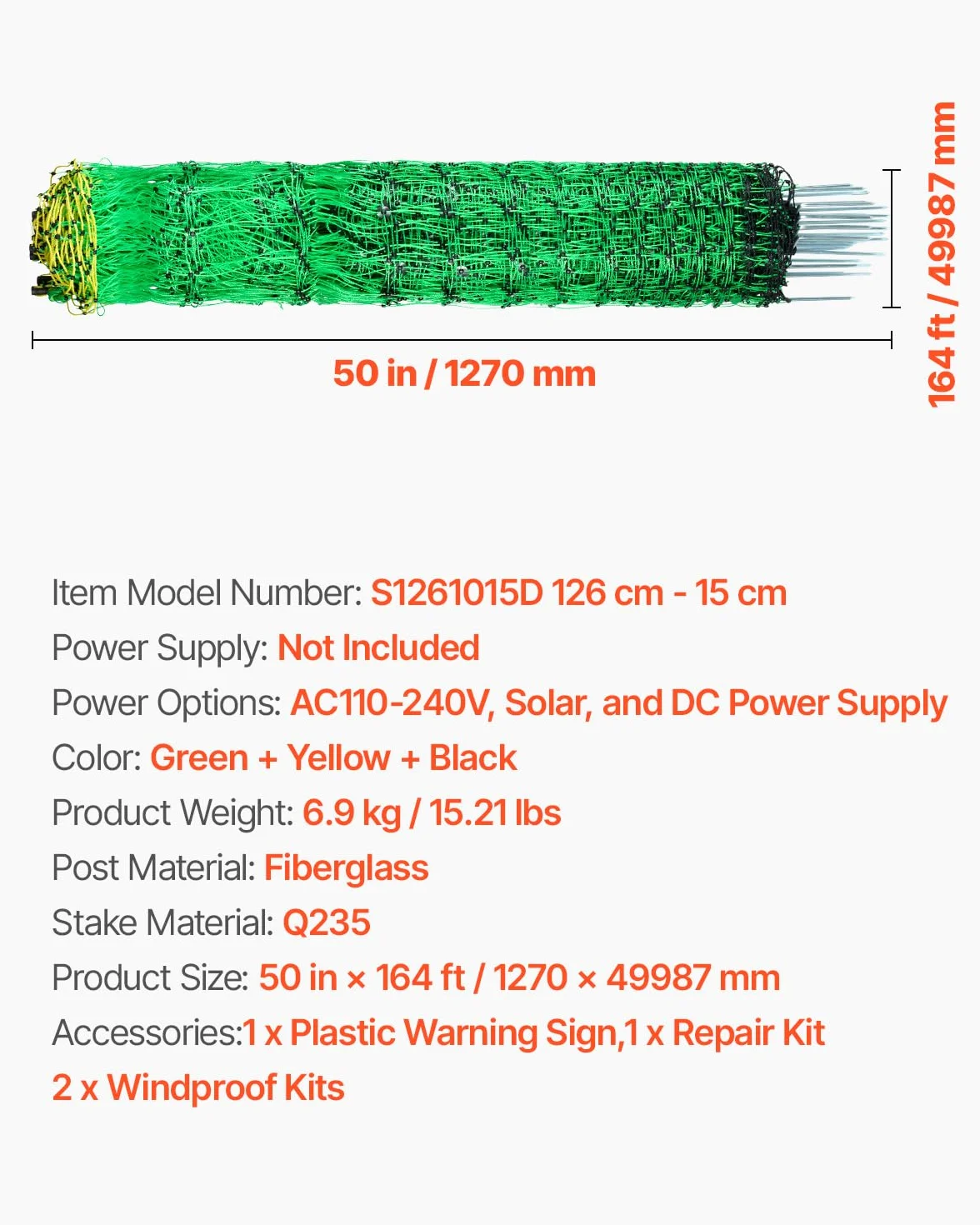 VEVOR Red de Cerca Eléctrica, 127 x 4998,7 cm, con Postes y Estacas para Ganado, Cerca Eléctrica Portátil para Cabras, Ovejas, Ciervos, Cerdos y Perros, para Patios, Jardines, Granjas y Ranchos