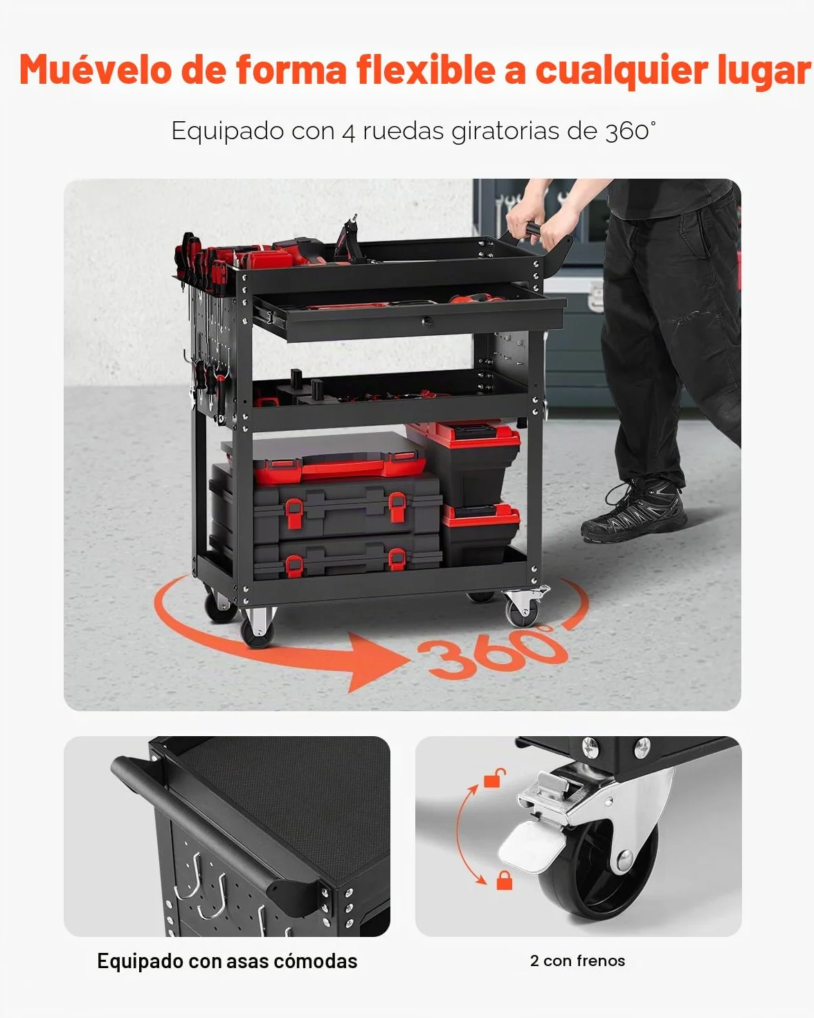 VEVOR Carro de Herramientas, Organizador de Herramientas para Mecánicos de 4 Niveles con Ruedas, Sistema de Bloqueo, Cajón y Tablero Perforado, Carga de 159 kg para Garaje, Almacén y Taller, Negro