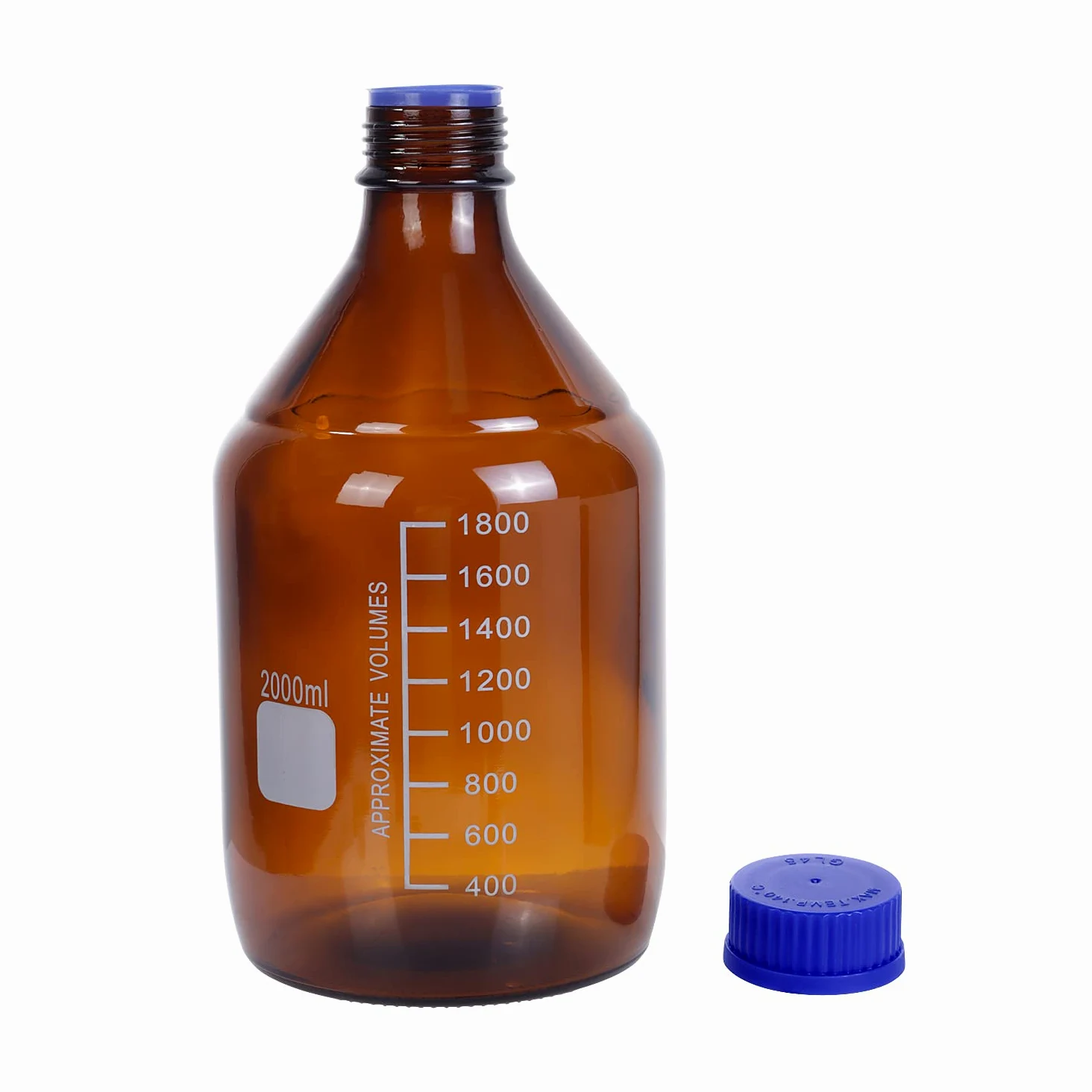 Una pieza 2 litros ámbar borosilicato vidrio graduado redondo 2000ml reactivo de laboratorio/botella de almacenamiento con GL45 azul tapón de rosca